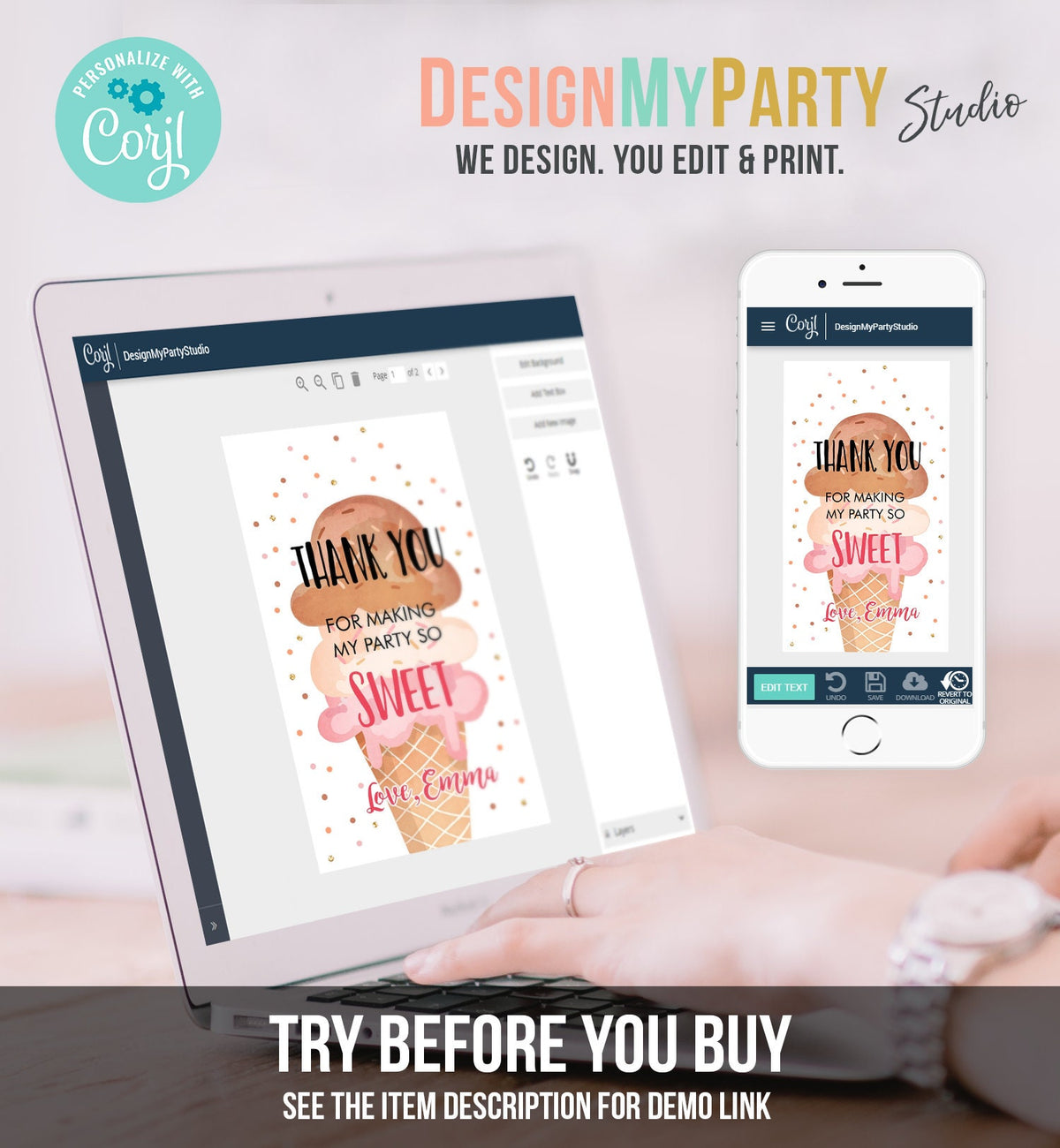 Editable Ice Cream Favor Thank You Tags Ice Cream Birthday Party Girl Pink Boho Coral Gift Goodie Bag Labels Corjl Template PRINTABLE 0243