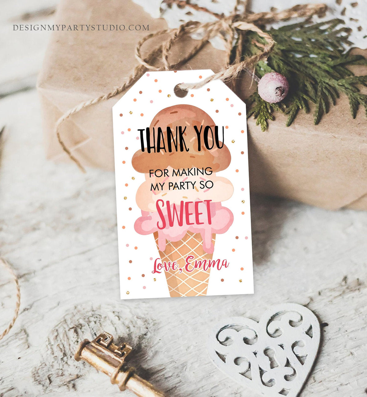 Editable Ice Cream Favor Thank You Tags Ice Cream Birthday Party Girl Pink Boho Coral Gift Goodie Bag Labels Corjl Template PRINTABLE 0243