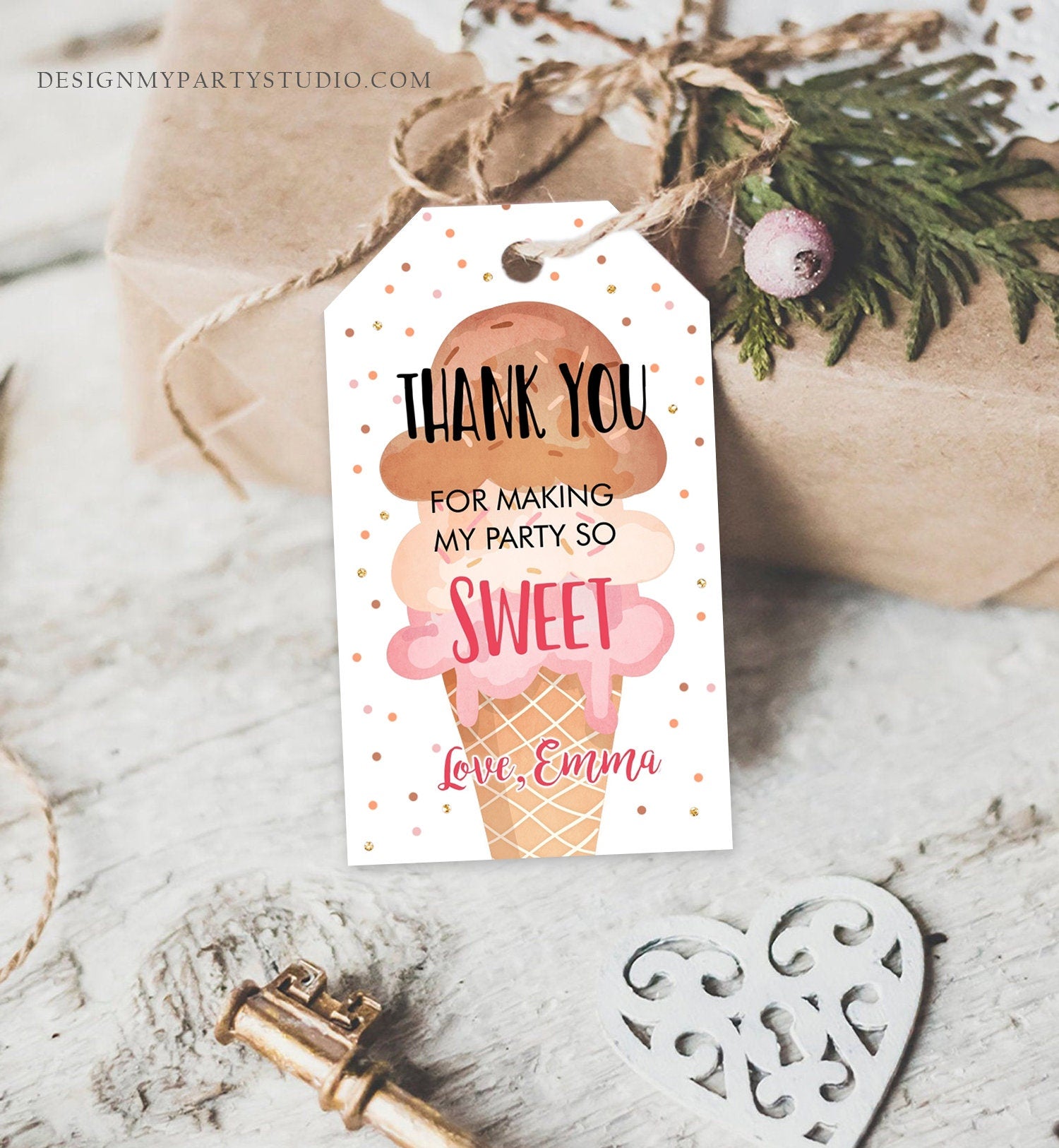 Editable Ice Cream Favor Thank You Tags Ice Cream Birthday Party Girl Pink Boho Coral Gift Goodie Bag Labels Corjl Template PRINTABLE 0243