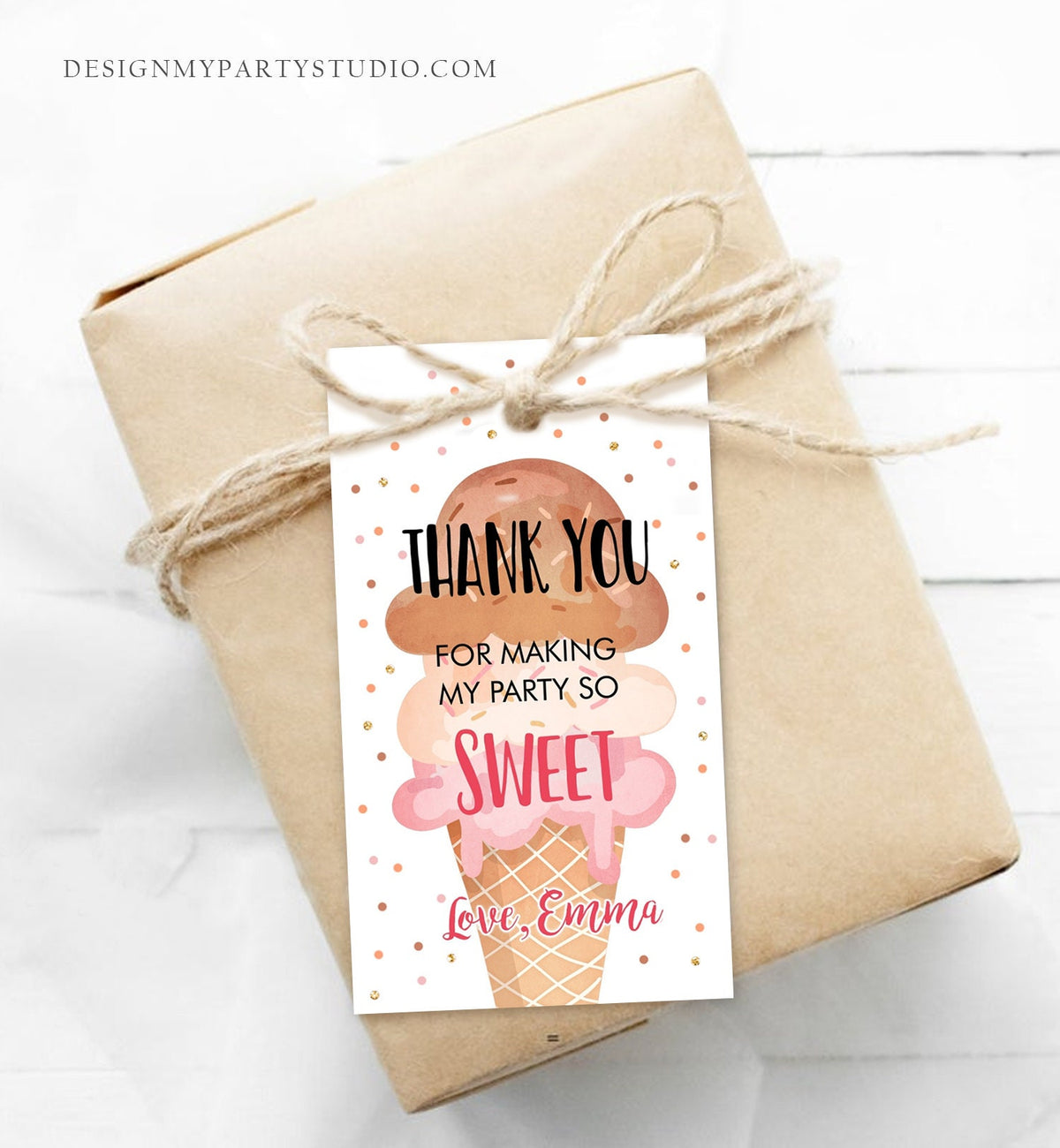 Editable Ice Cream Favor Thank You Tags Ice Cream Birthday Party Girl Pink Boho Coral Gift Goodie Bag Labels Corjl Template PRINTABLE 0243