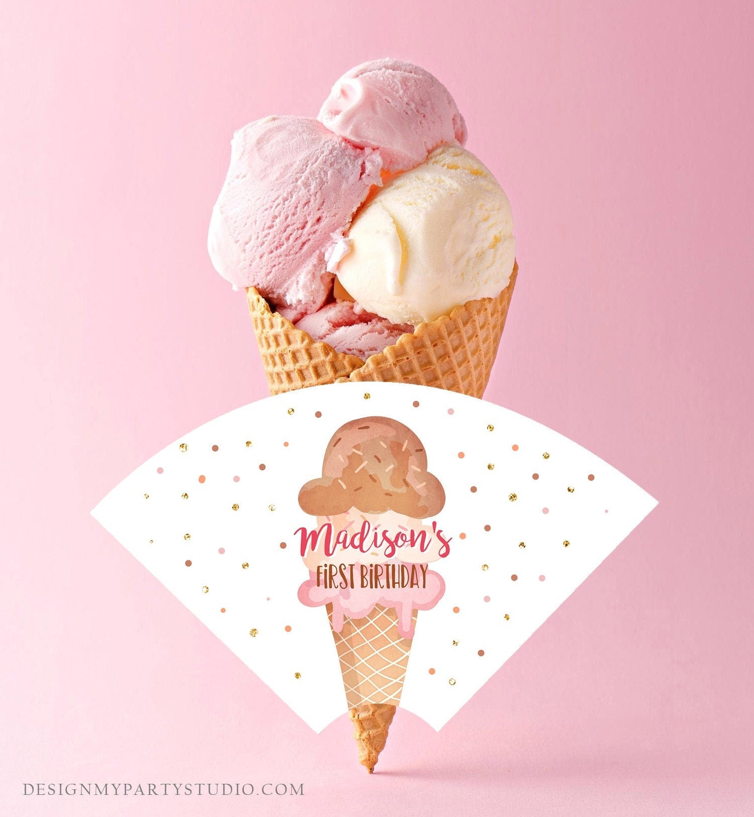 Editable Ice Cream Cone Wrapper Ice Cream Label Ice Cream Birthday Girl Pink Ice Cream Social Cone Wrapper Ice Cream Bar Template Corjl 0243