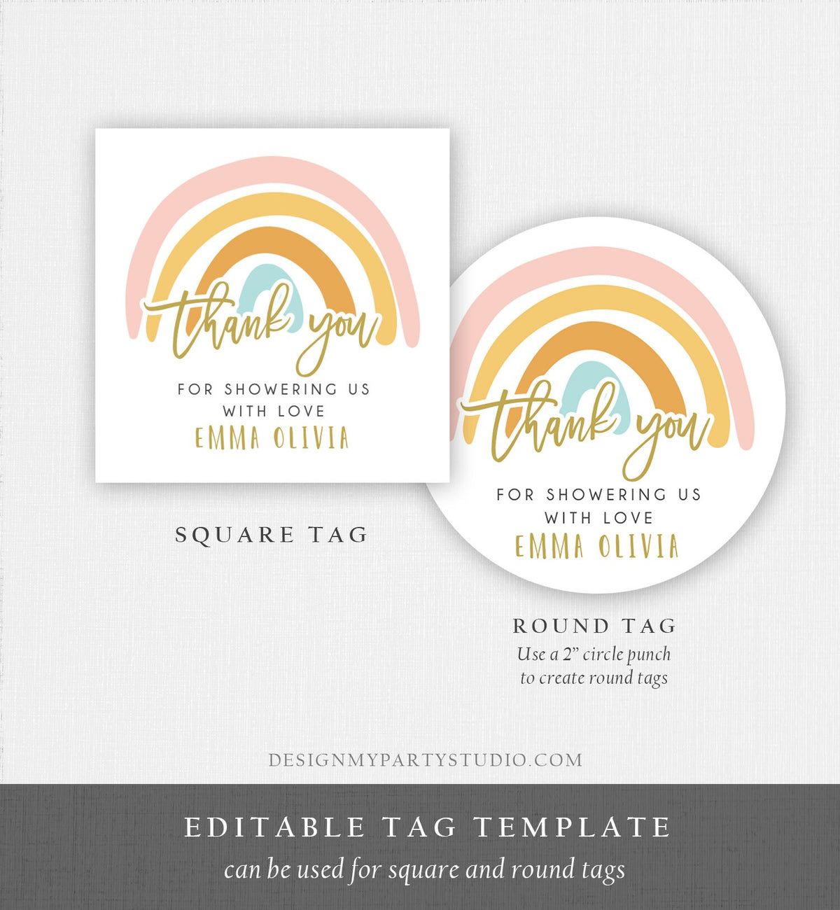 Editable Rainbow Favor Tags Rainbow Baby Shower Thank you tags Pastel Rainbow Tags Girl Boy Neutral Colors Template PRINTABLE Corjl 0331