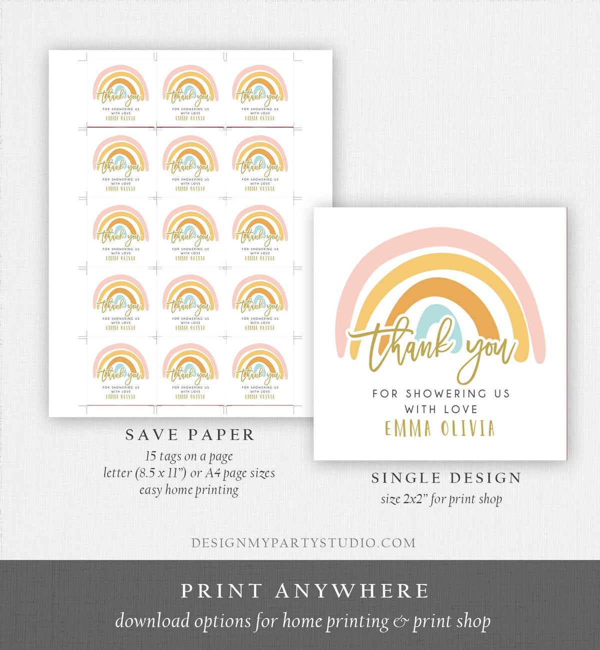 Editable Rainbow Favor Tags Rainbow Baby Shower Thank you tags Pastel Rainbow Tags Girl Boy Neutral Colors Template PRINTABLE Corjl 0331