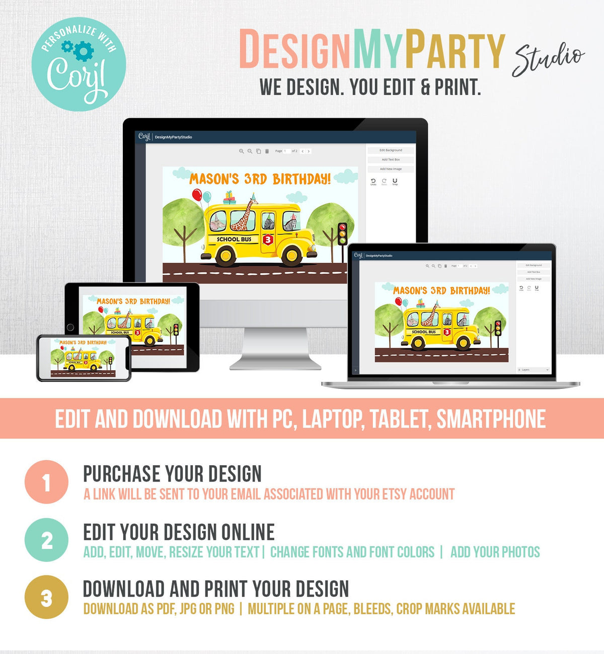 Editable Wheels on the Bus Backdrop Banner School Bus Birthday Boy Wheels on The Bus Birthday Party Download Corjl Template Printable 0325