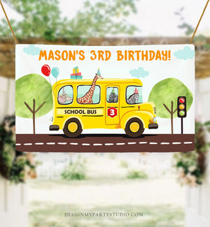 Editable Wheels on the Bus Backdrop Banner School Bus Birthday Boy Wheels on The Bus Birthday Party Download Corjl Template Printable 0325