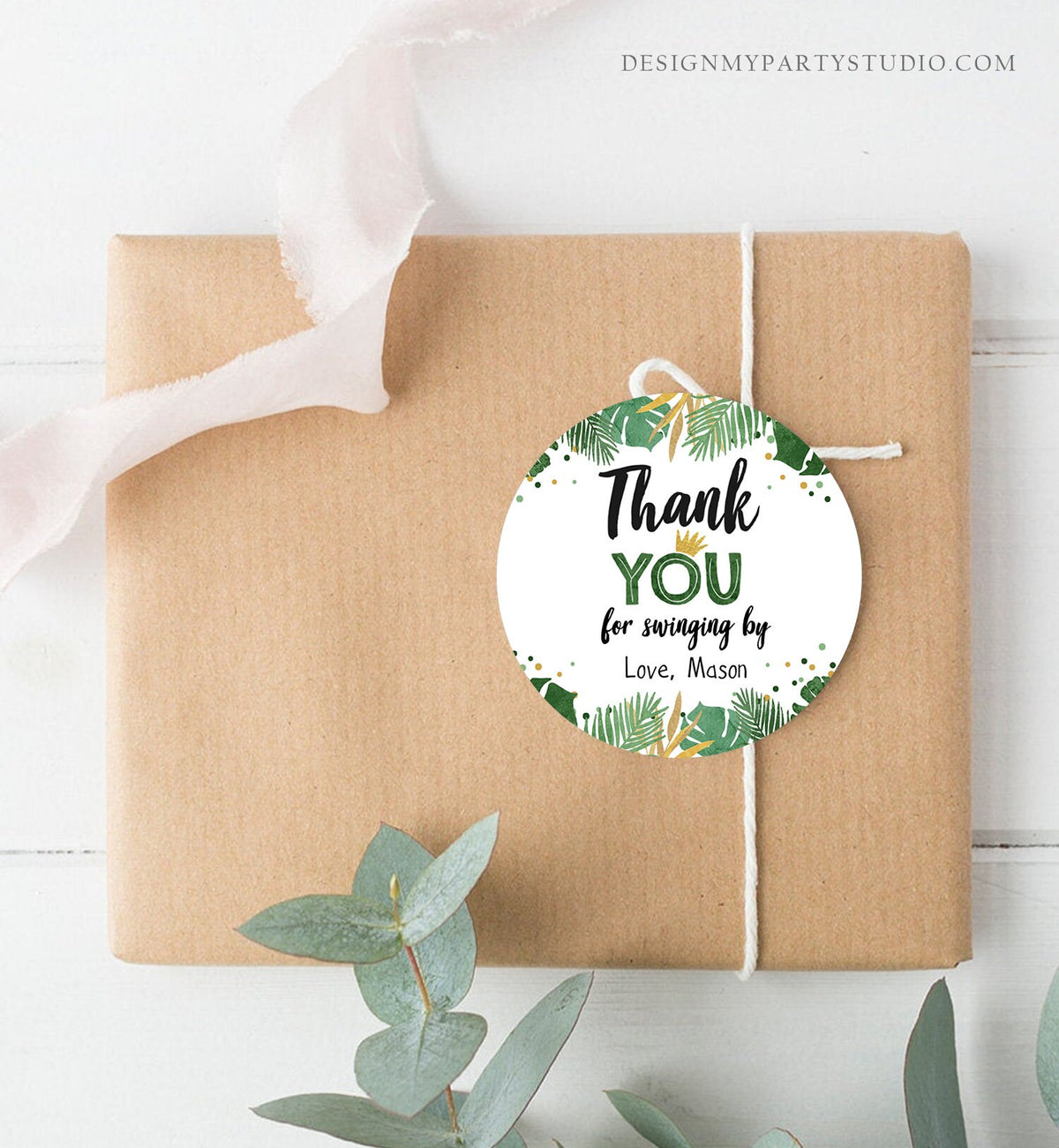 Editable Tropical Safari Favor Tags Thank You Wild One Label Jungle Zoo Wild Things Boy Green Gold Gift Tag Download Corjl Template 0332