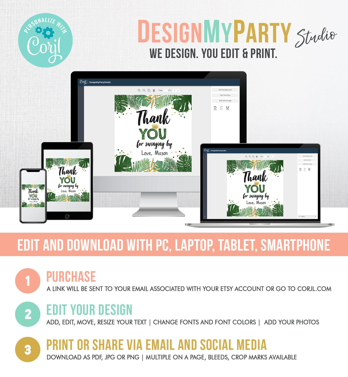 Editable Tropical Safari Favor Tags Thank You Wild One Label Jungle Zoo Wild Things Boy Green Gold Gift Tag Download Corjl Template 0332