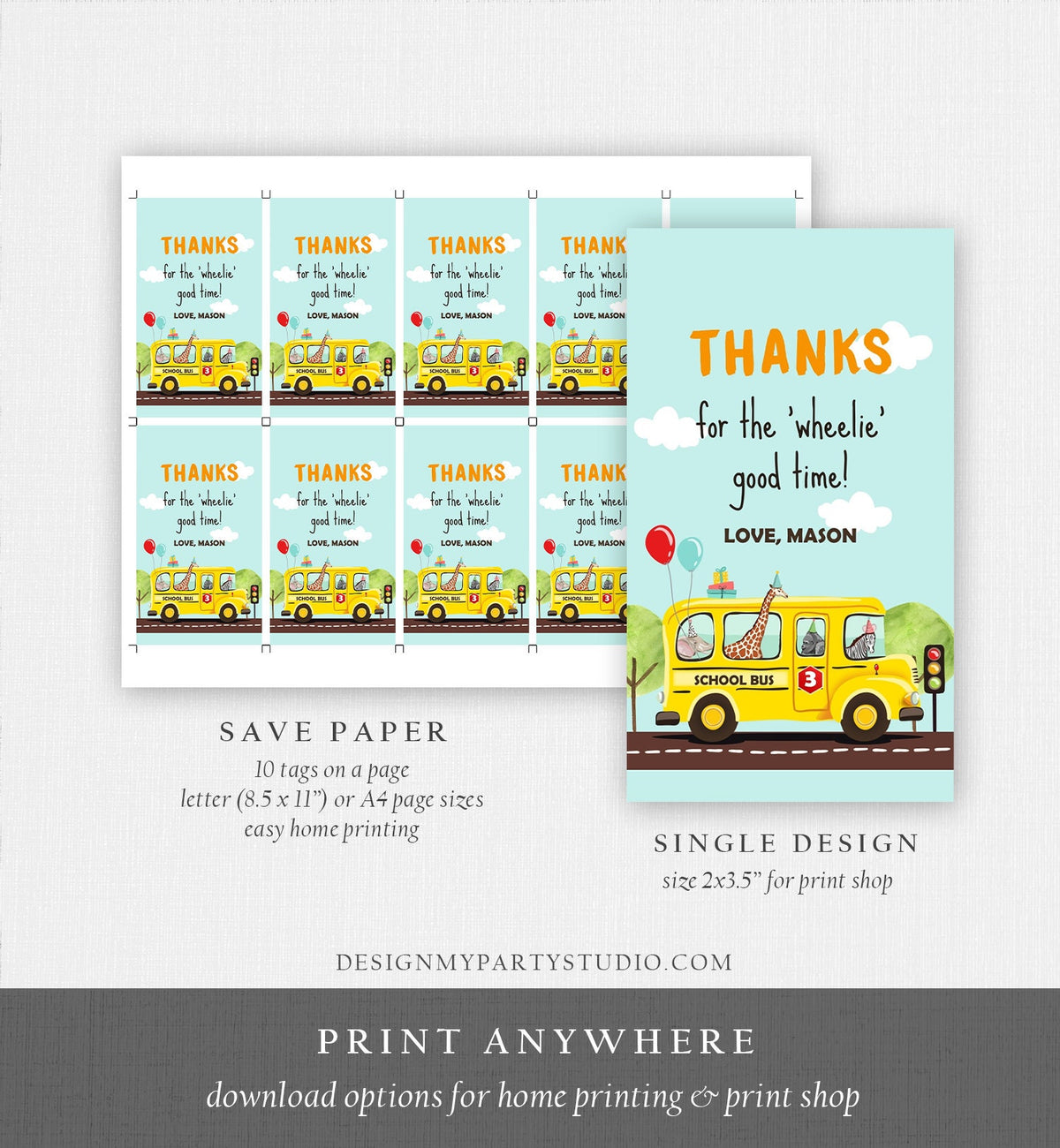 Editable Wheels on The Bus Favor Tags School Bus Birthday Thank you tags Bus Gift Tags Boy Birthday Digital Download Template Printable 0325