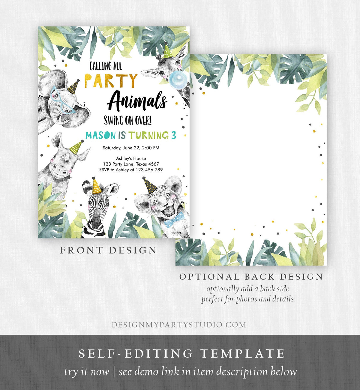 Editable Party Animals Birthday Invitation Wild One Safari Animals Boy Gold Black Zoo Monochrome Digital Download Template Printable 0322