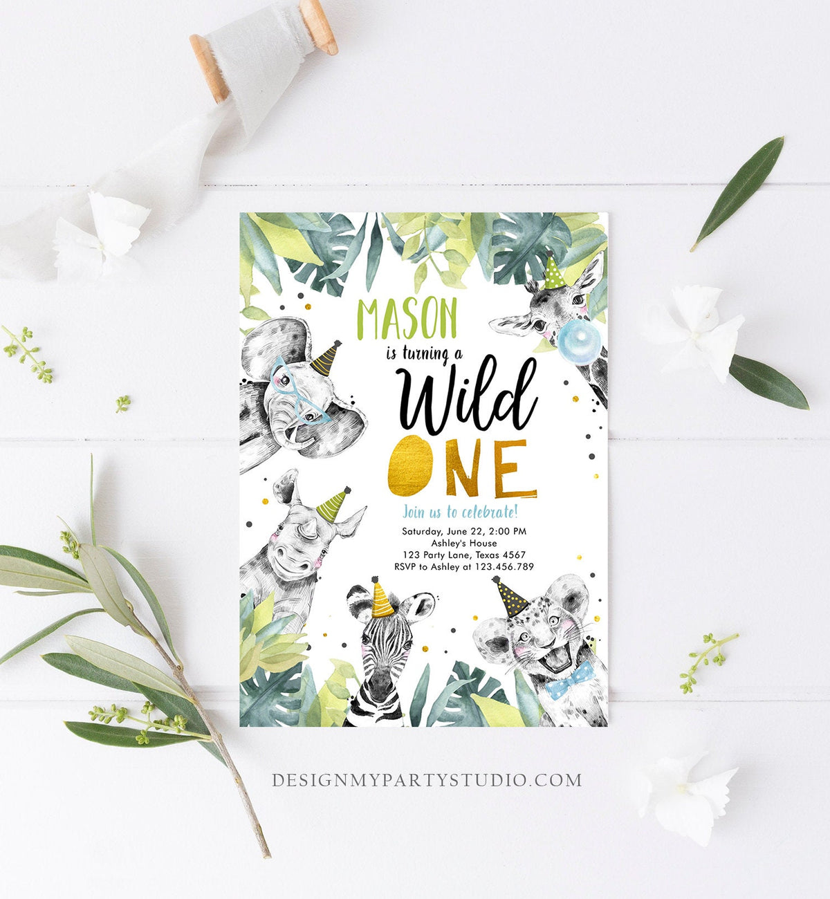 Editable Wild One Birthday Invitation Safari Party Animals Boy Gold First Birthday Born to be Wild Digital Evite Template Printable 0322