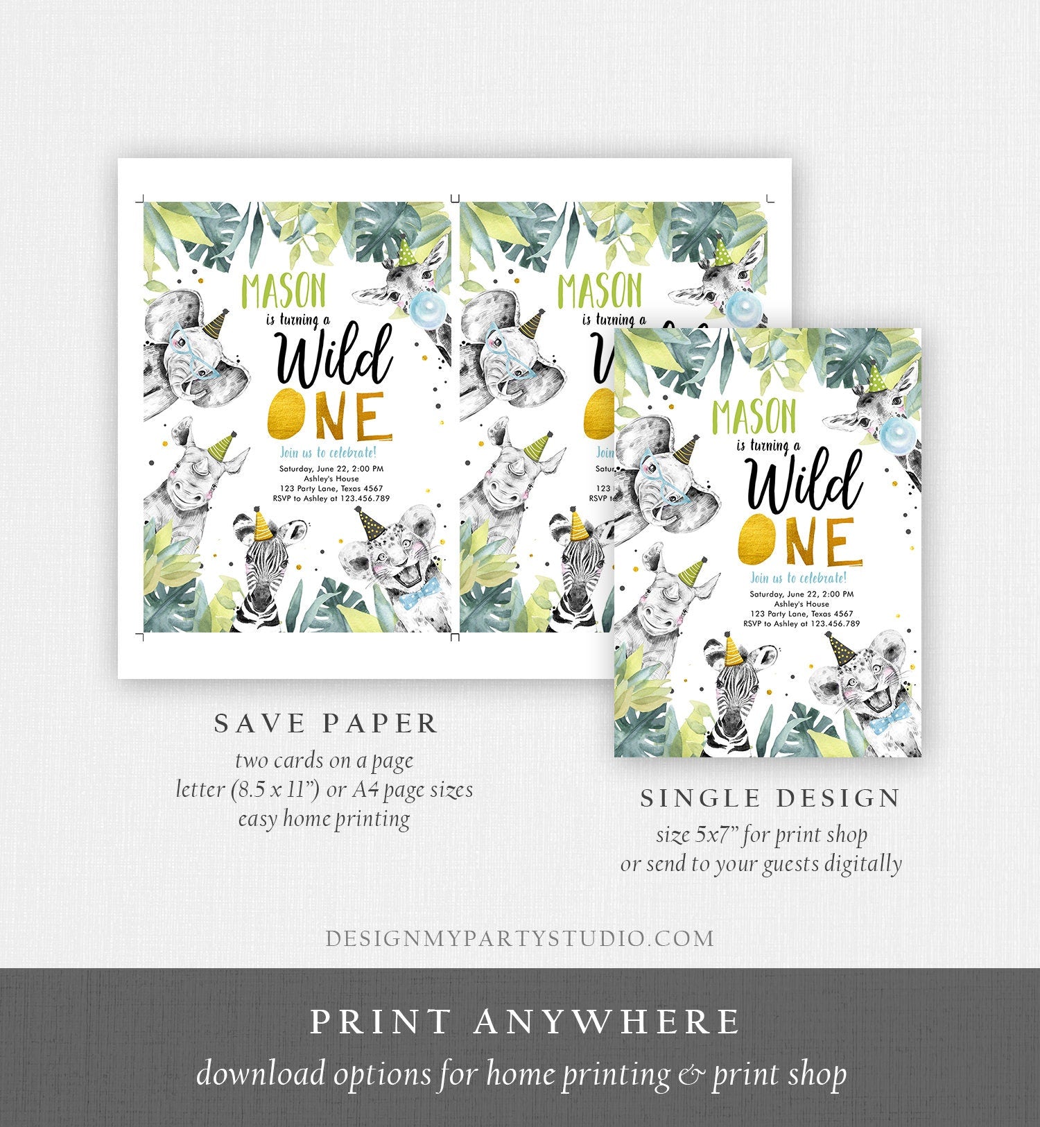 Editable Wild One Birthday Invitation Safari Party Animals Boy Gold First Birthday Born to be Wild Digital Evite Template Printable 0322