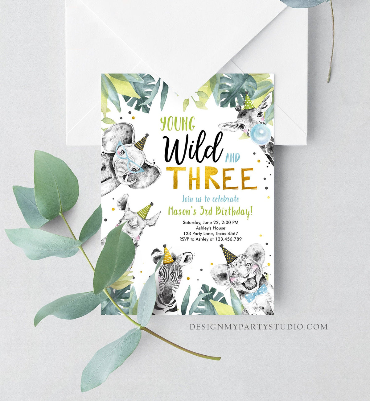 Editable Young Wild and Three Invitation Safari Animals Party Animals Boy Gold Third Birthday 3rd Zoo Digital Corjl Template Printable 0322