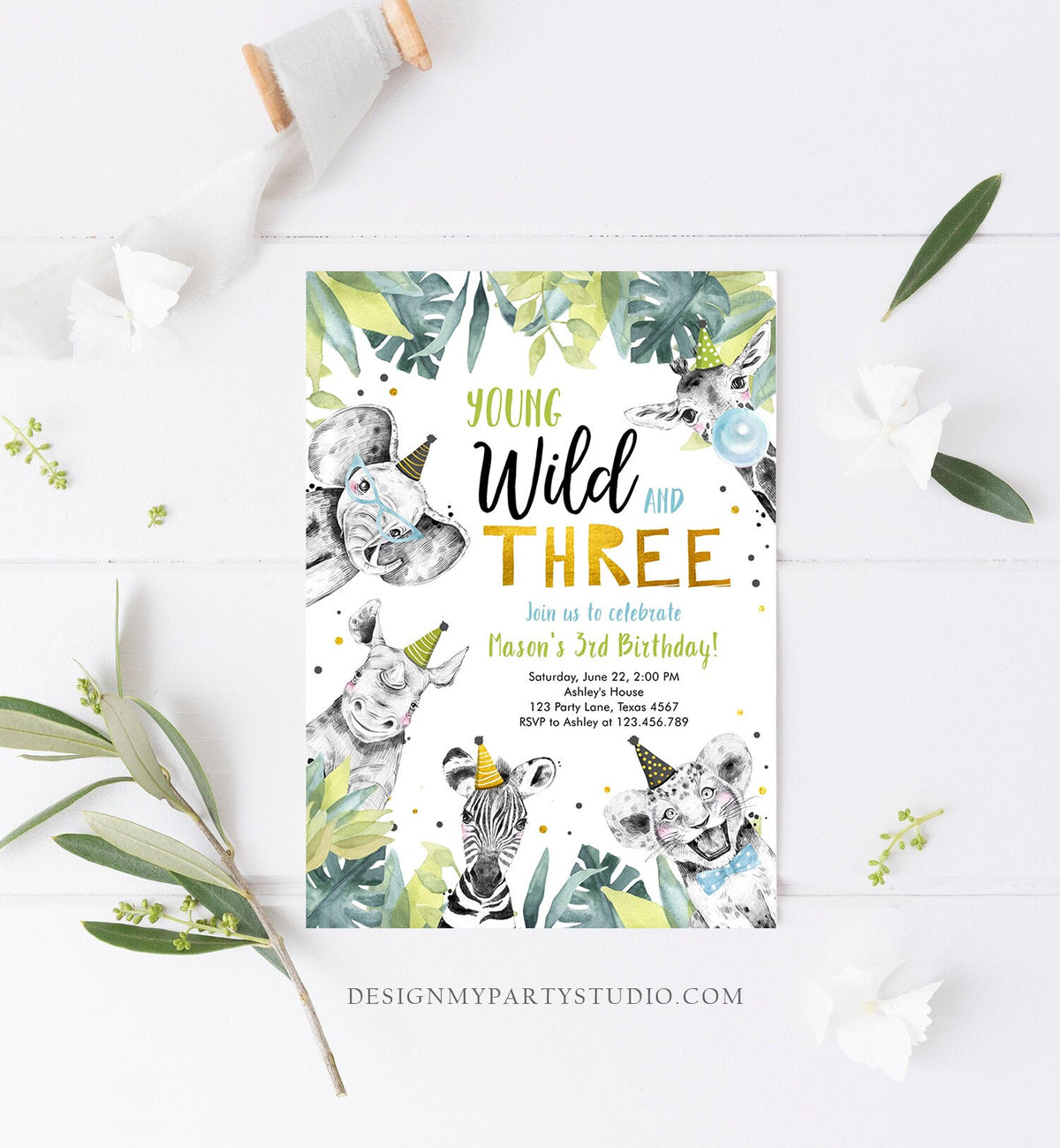 Editable Young Wild and Three Invitation Safari Animals Party Animals Boy Gold Third Birthday 3rd Zoo Digital Corjl Template Printable 0322