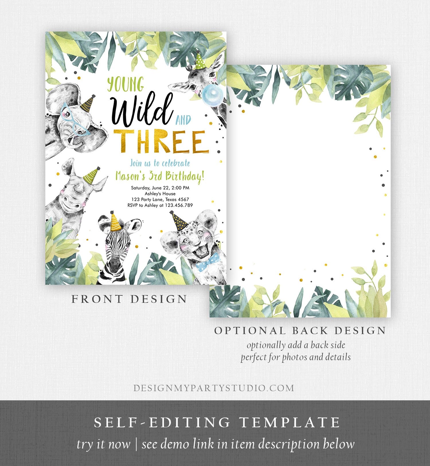 Editable Young Wild and Three Invitation Safari Animals Party Animals Boy Gold Third Birthday 3rd Zoo Digital Corjl Template Printable 0322