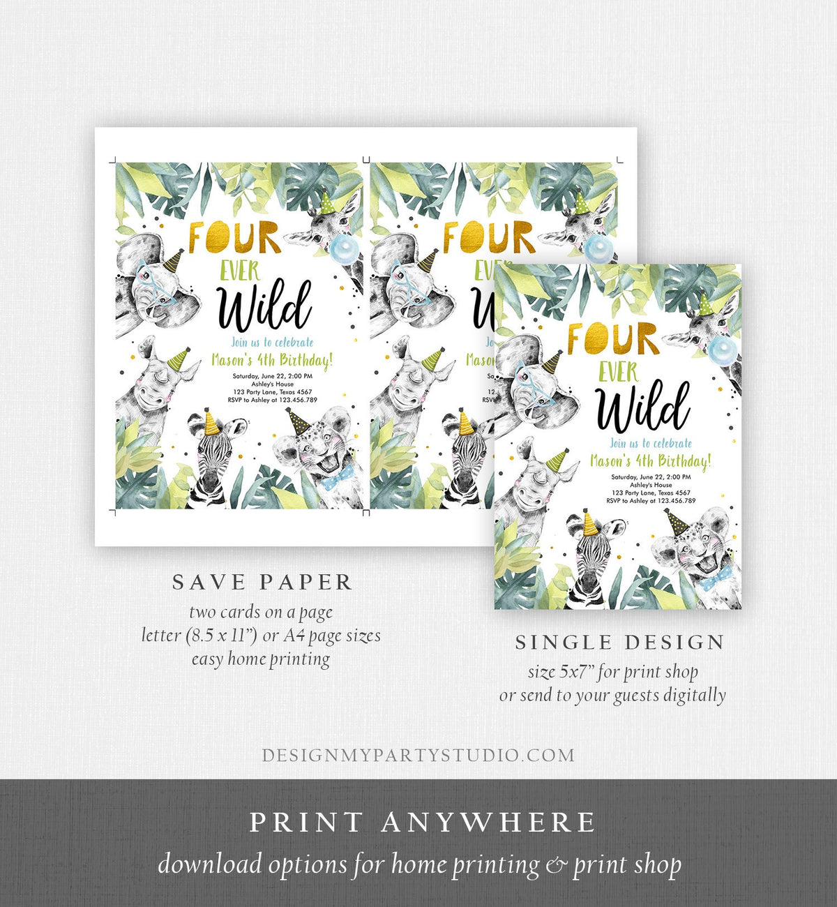Editable Four Ever Wild Invitation Safari Animals Party Animals Boy Gold Fourth Birthday 4th Zoo Digital Corjl Template Printable 0322