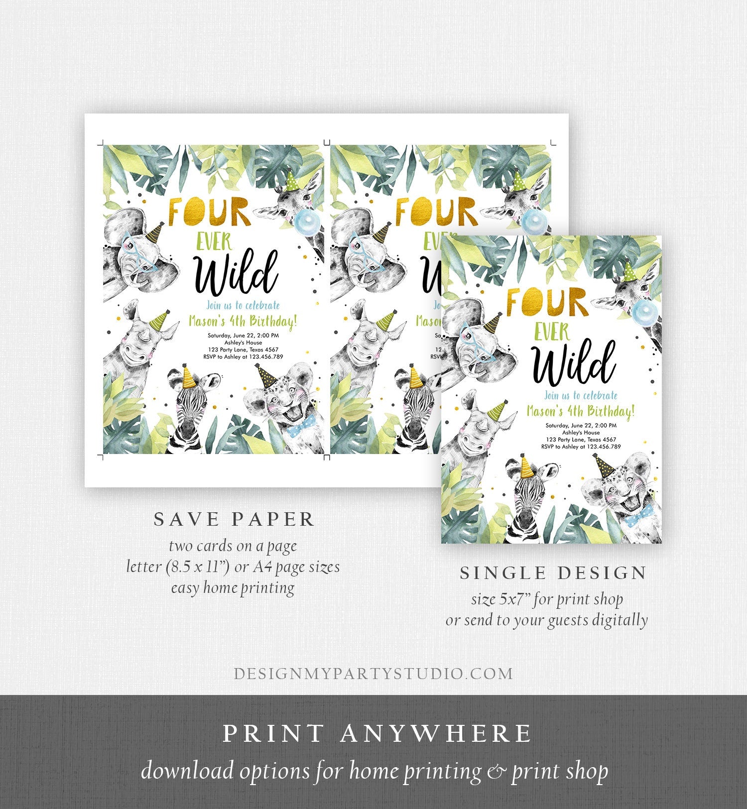 Editable Four Ever Wild Invitation Safari Animals Party Animals Boy Gold Fourth Birthday 4th Zoo Digital Corjl Template Printable 0322