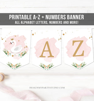 Swan A-Z Birthday Banner Girl Princess Pink Gold Floral Crown Watercolor Pastel Happy Birthday Banner Decor Download Printable 0382