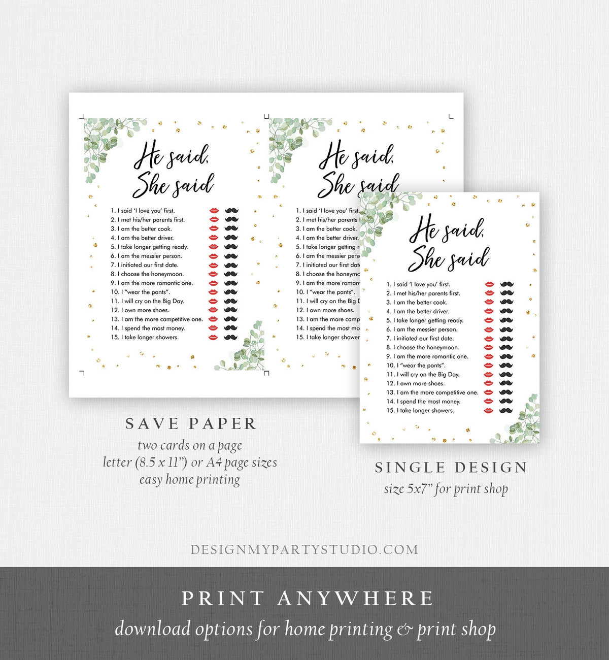 Editable He Said She Said Bridal Shower Game Eucalyptus Travel Bride or Groom Wedding Shower Who said it Game Corjl Template Printable 0030