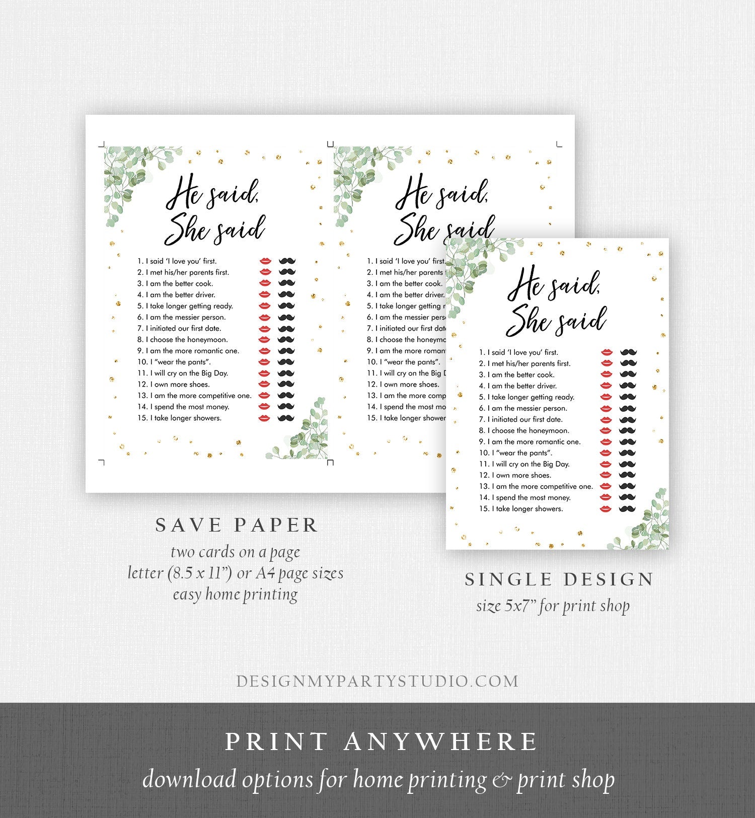 Editable He Said She Said Bridal Shower Game Eucalyptus Travel Bride or Groom Wedding Shower Who said it Game Corjl Template Printable 0030