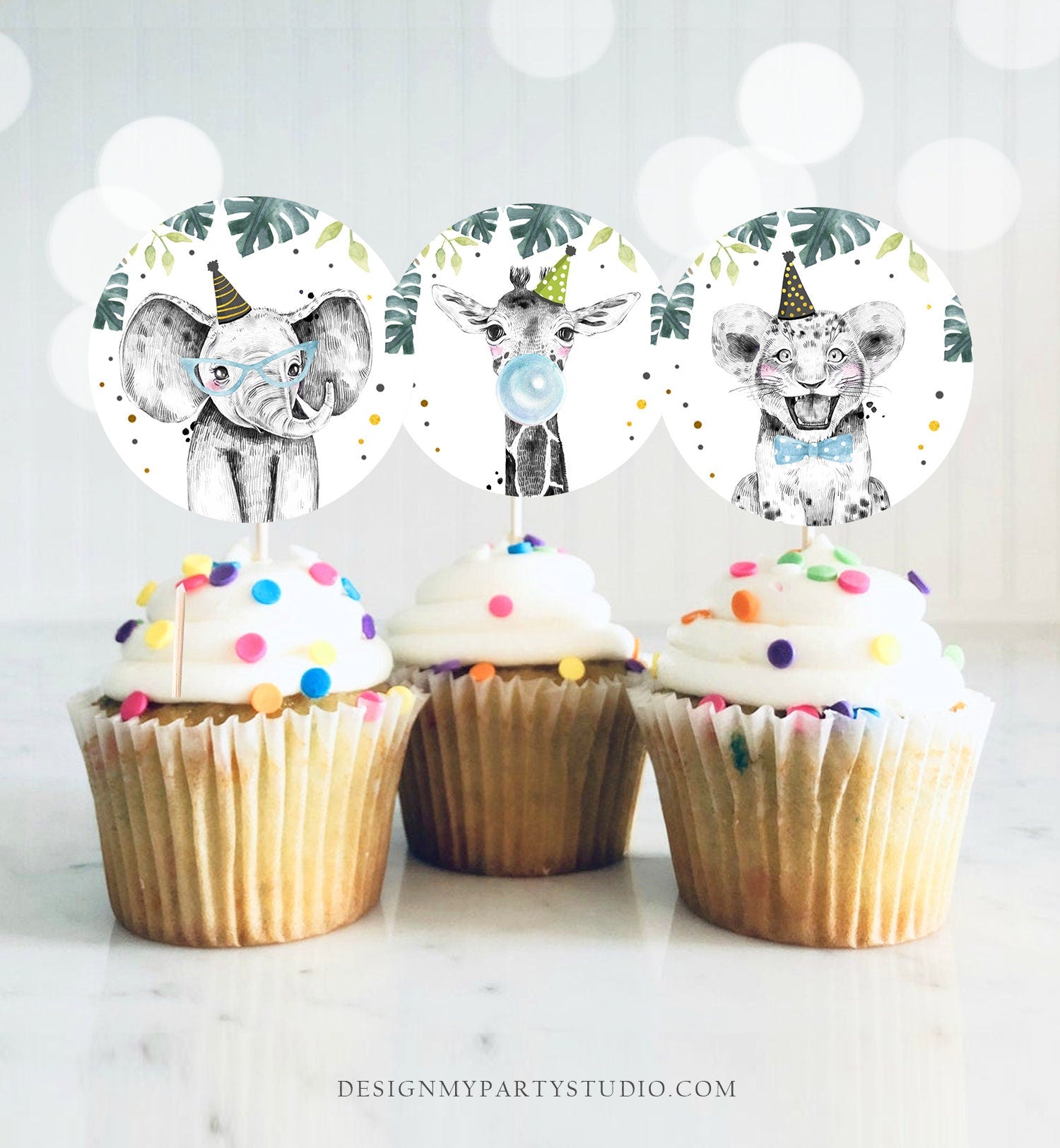 Party Animals Cupcake Toppers Favor Tags Birthday Party Decor Safari Animals Zoo Boy Wild One Green Gold Download Digital Printable 0322