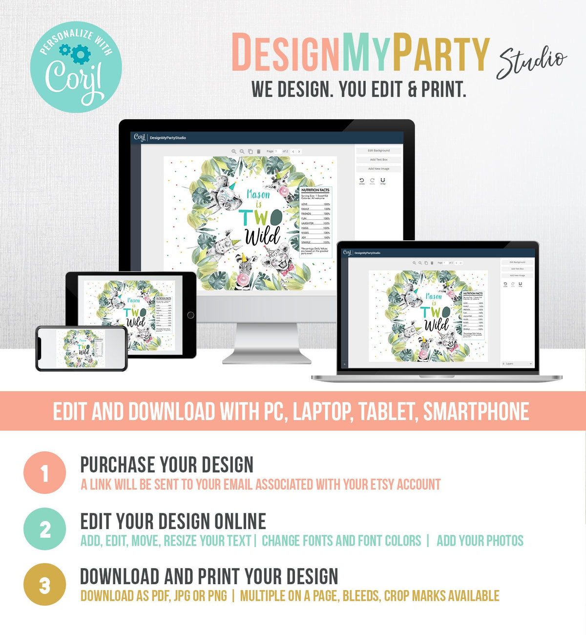 Editable Two Wild Birthday Chip Bag Party Animals 2nd Birthday Decor Boy Zoo Safari Animals Snack Favors Digital Template Printable 0322