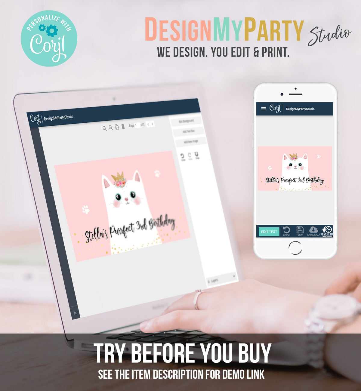 Editable Kitten Birthday Backdrop Kitty Cat Birthday Party Decor Girl Pink Are You Kitten Me Pet Digital Download Template Printable 0381