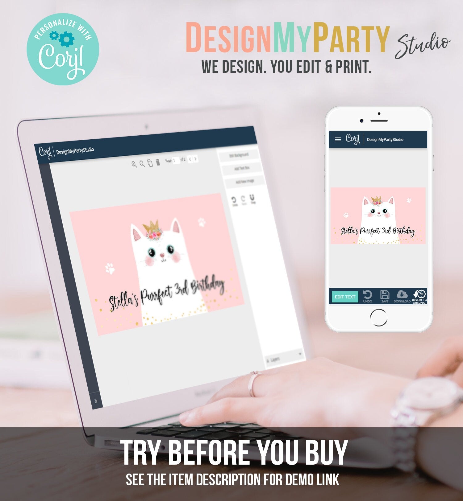 Editable Kitten Birthday Backdrop Kitty Cat Birthday Party Decor Girl Pink Are You Kitten Me Pet Digital Download Template Printable 0381