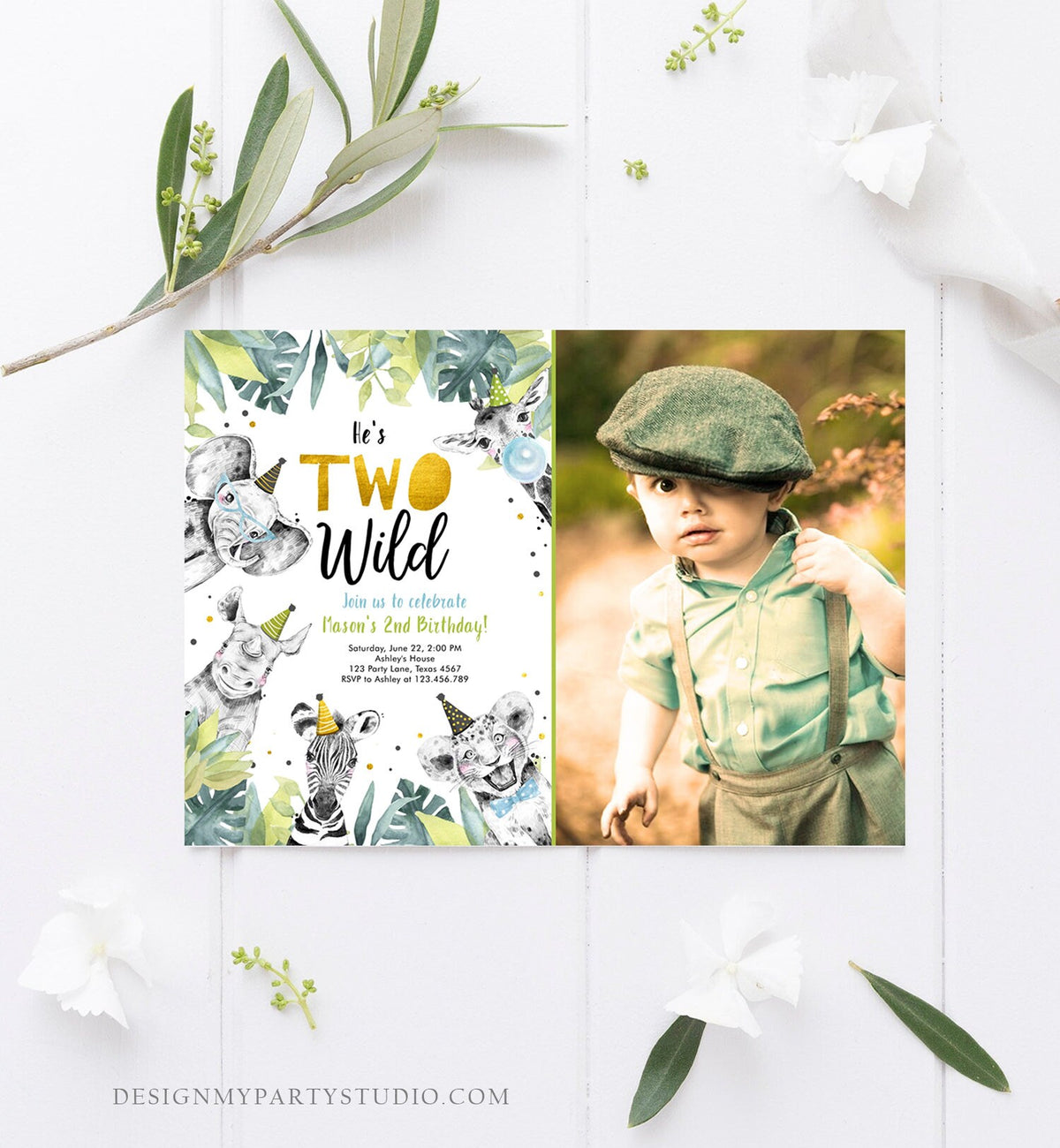Editable Two Wild Birthday Invitation Safari Party Animals Boy Gold Second Born Two Be Wild Digital Download Evite Template Printable 0322