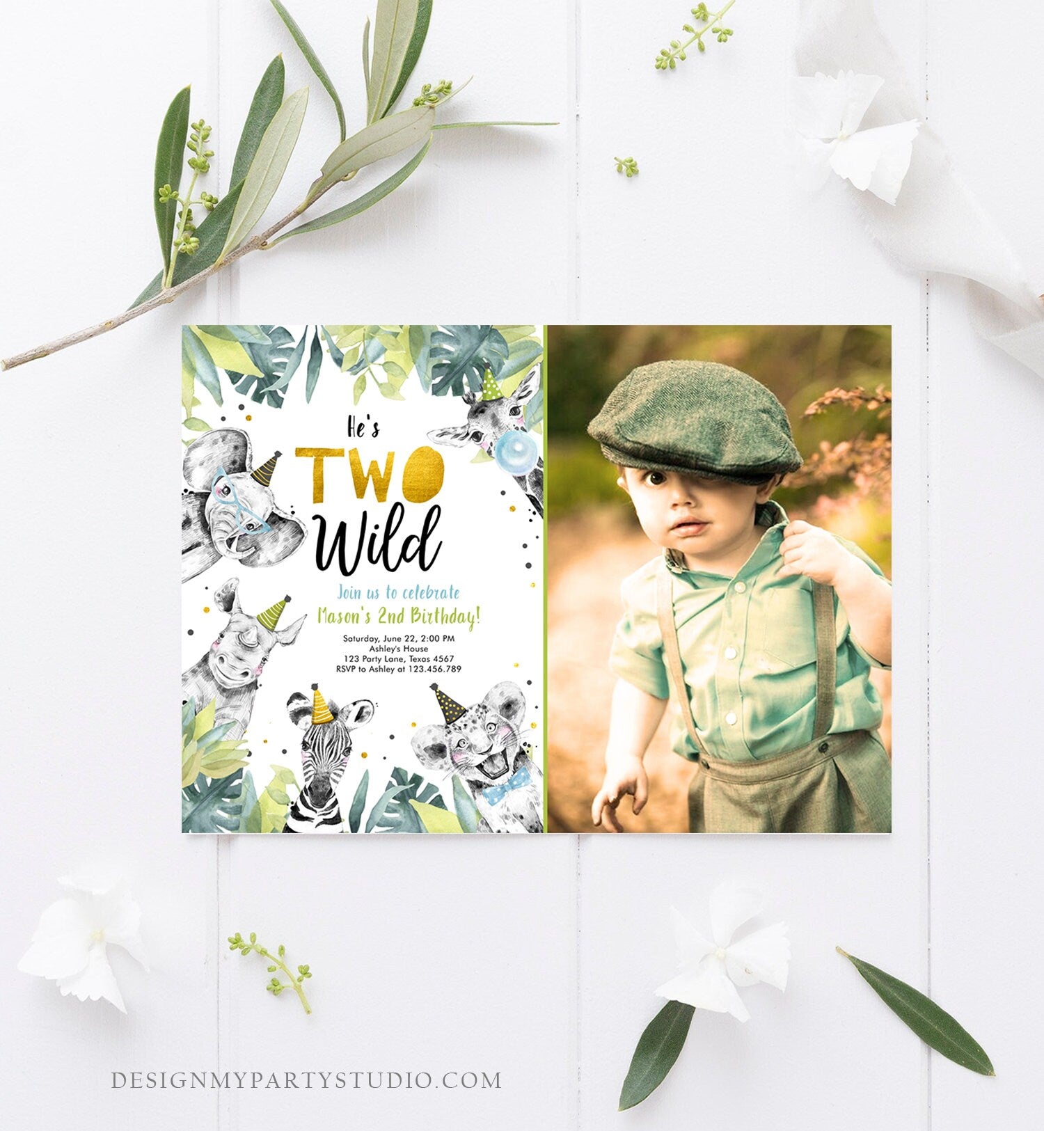 Editable Two Wild Birthday Invitation Safari Party Animals Boy Gold Second Born Two Be Wild Digital Download Evite Template Printable 0322