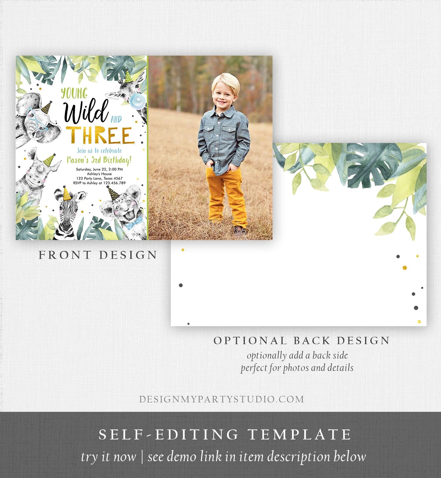 Editable Young Wild and Three Invitation Safari Animals Party Animals Boy Third Birthday Digital Download Evite Template Printable 0322