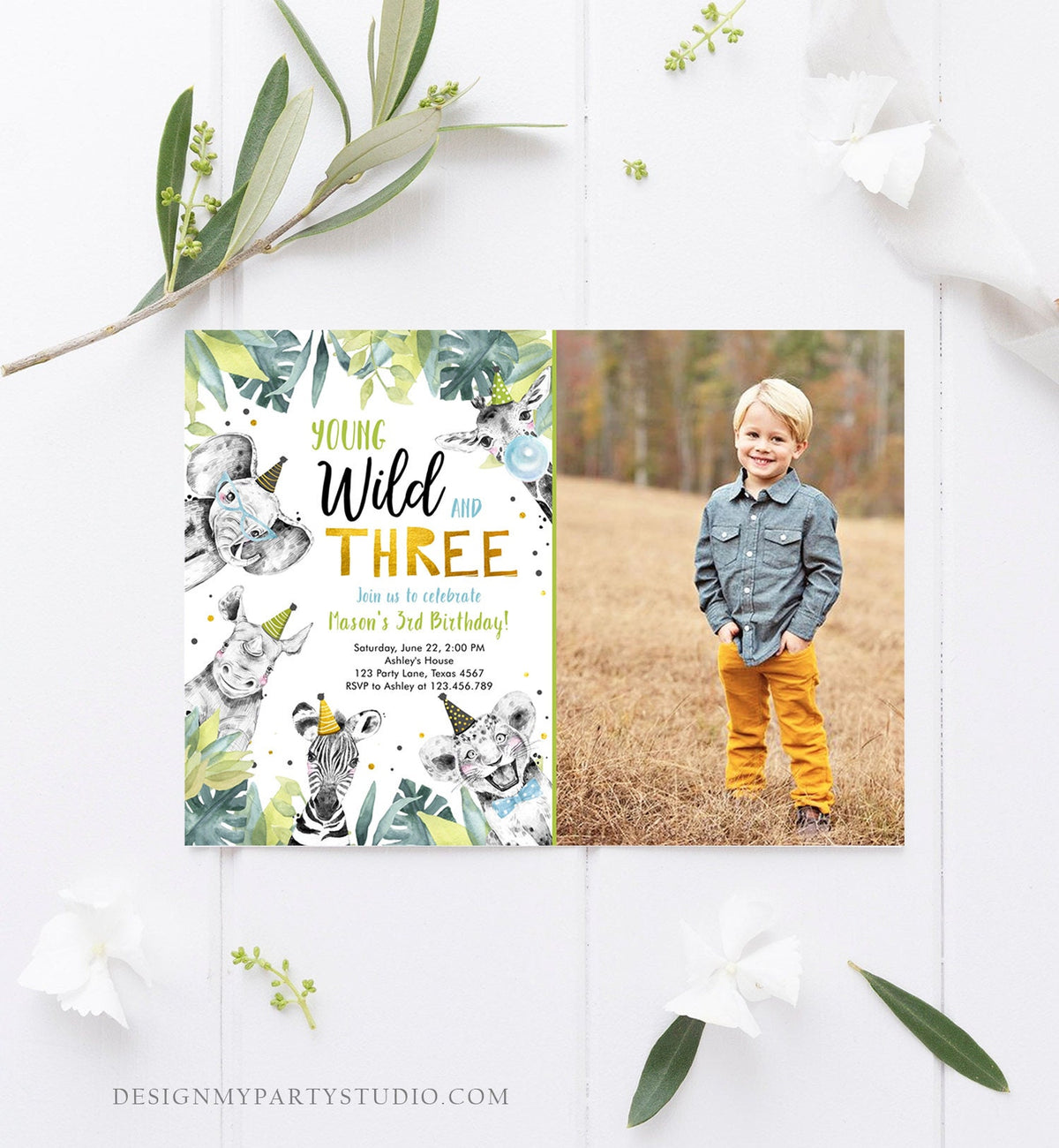 Editable Young Wild and Three Invitation Safari Animals Party Animals Boy Third Birthday Digital Download Evite Template Printable 0322