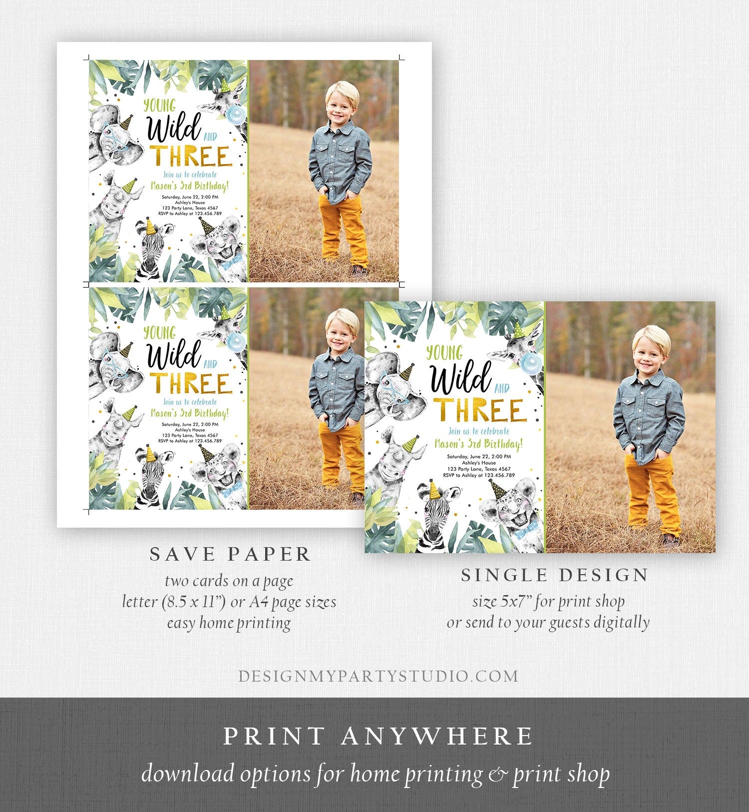 Editable Young Wild and Three Invitation Safari Animals Party Animals Boy Third Birthday Digital Download Evite Template Printable 0322
