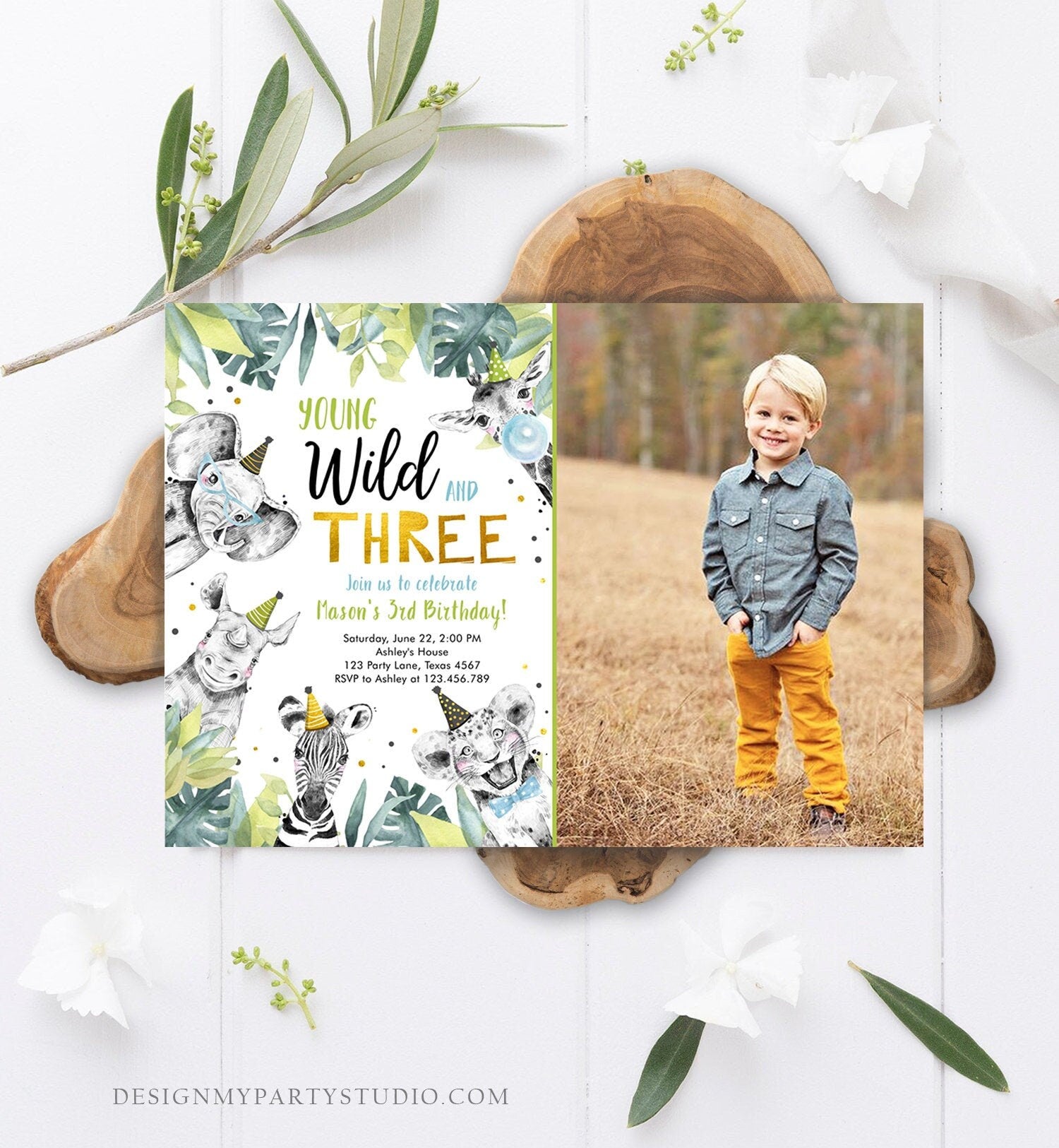 Editable Young Wild and Three Invitation Safari Animals Party Animals Boy Third Birthday Digital Download Evite Template Printable 0322