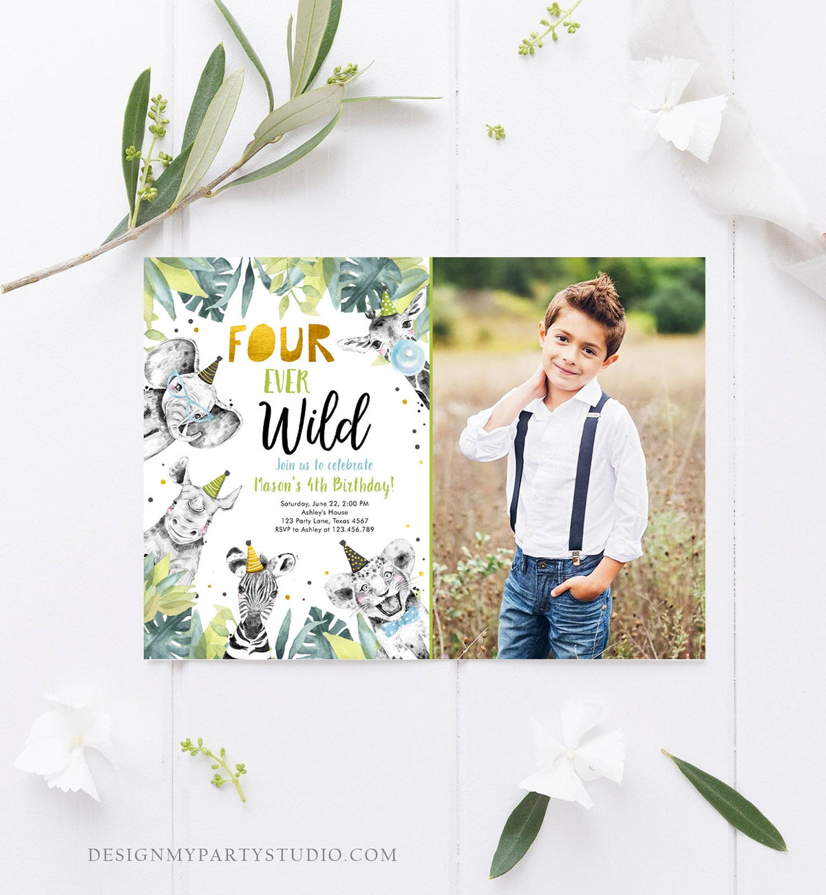 Editable Four Ever Wild Invitation Safari Animals Party Animals Boy Gold Fourth Birthday 4th Zoo Digital Download Template Printable 0322