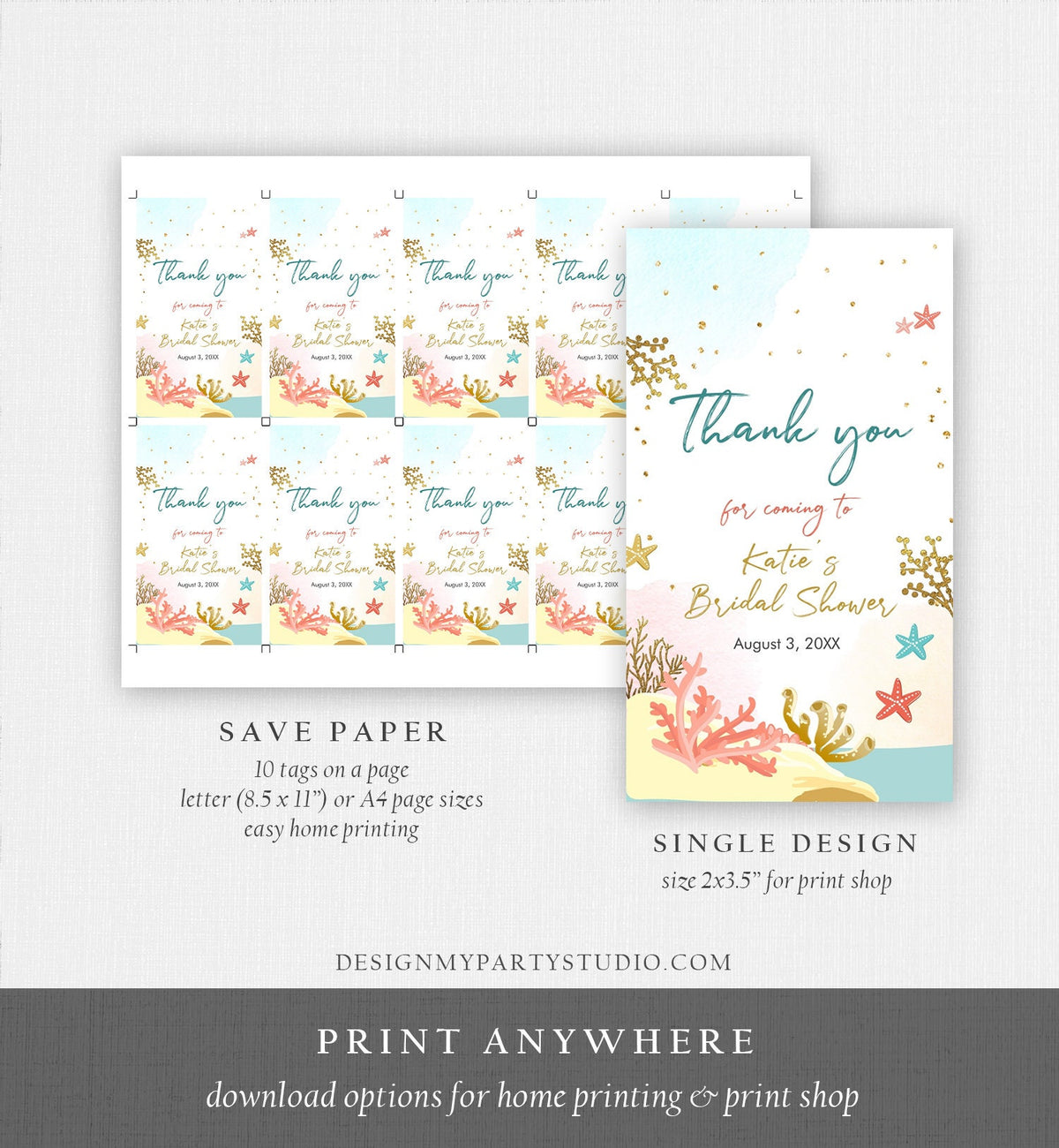 Editable Beach Bridal Shower Favor Tags Beach Thank You Tag Ocean Sea Starfish Nautical Shower Digital Download Template Printable 0129