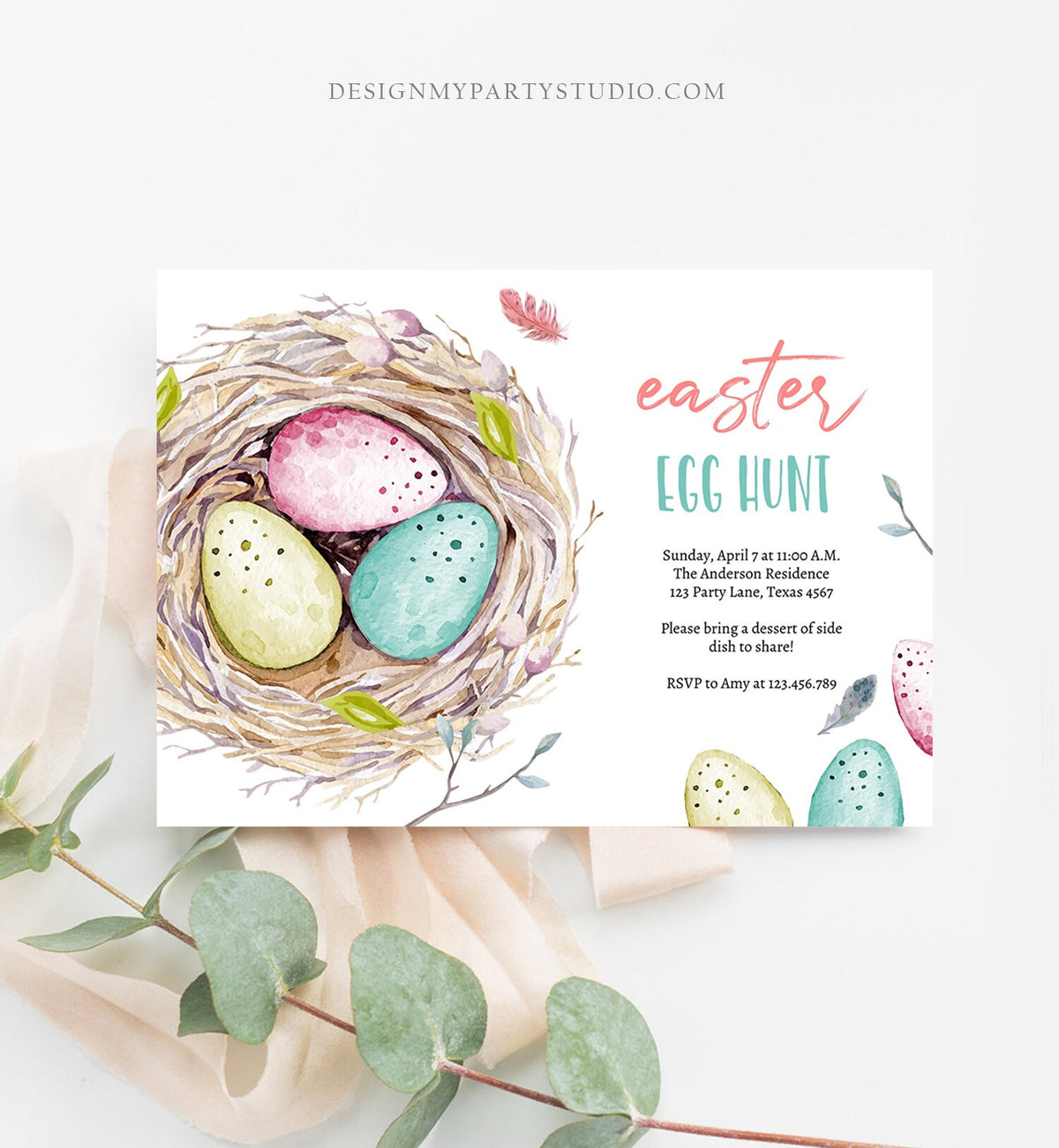Editable Easter Egg Hunt Invitation Easter Brunch Easter Party Invite Colored Eggs Nest Download Printable Template Corjl Digital 0449 0393