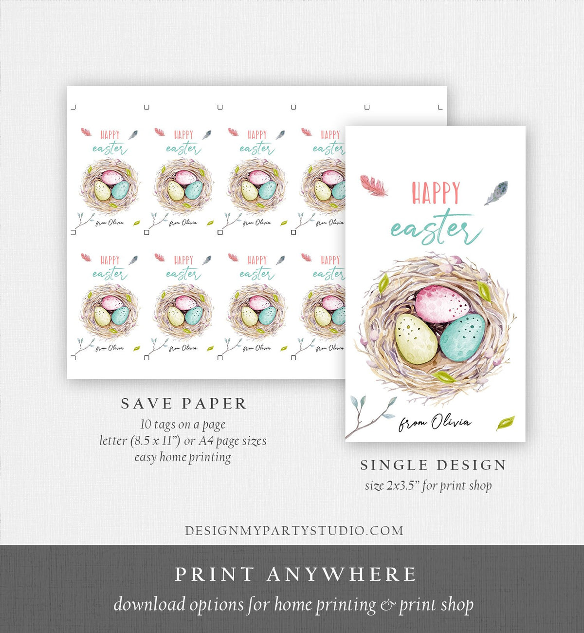 Editable Easter Gift Tags Easter Favor Tag Basket Tags for Easter Birds Nest Happy Easter Tag Personalized Download PRINTABLE 0449 0393