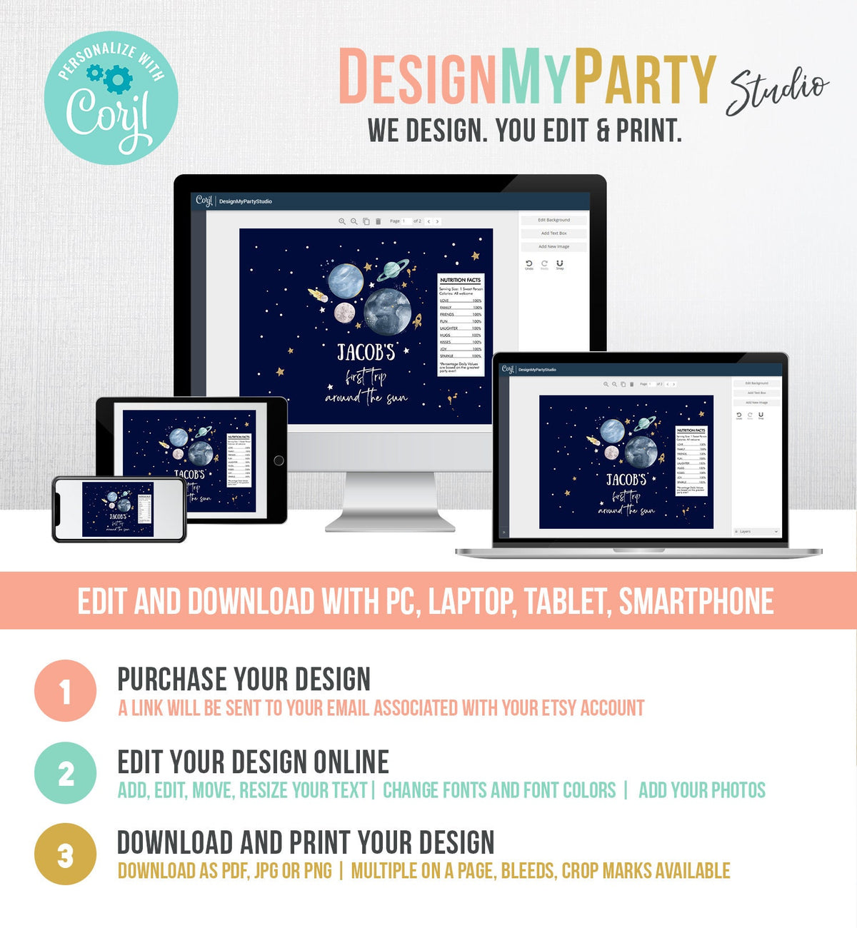 Editable Outer Space Chip Bag First Trip Around the Sun 1st Birthday Party Decor Boy Astronaut Galaxy Favors Digital Template Printable 0357