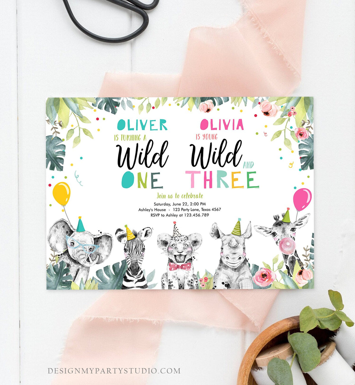 Editable Wild One Young Wild and Three Birthday Invitation Party Animals Boy Girl First Third 1st 3rd Safari Joint Digital Template 0322