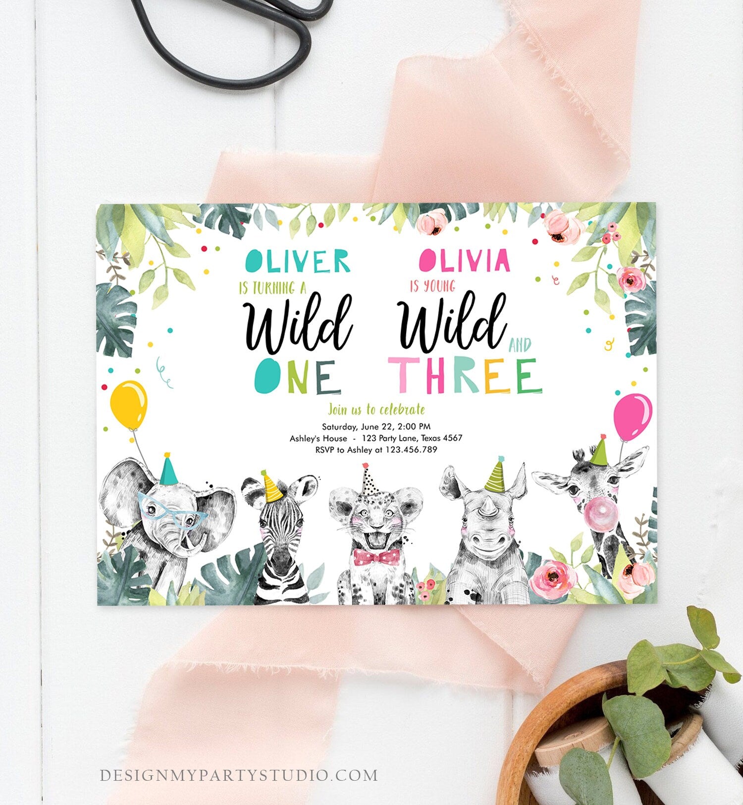 Editable Wild One Young Wild and Three Birthday Invitation Party Animals Boy Girl First Third 1st 3rd Safari Joint Digital Template 0322