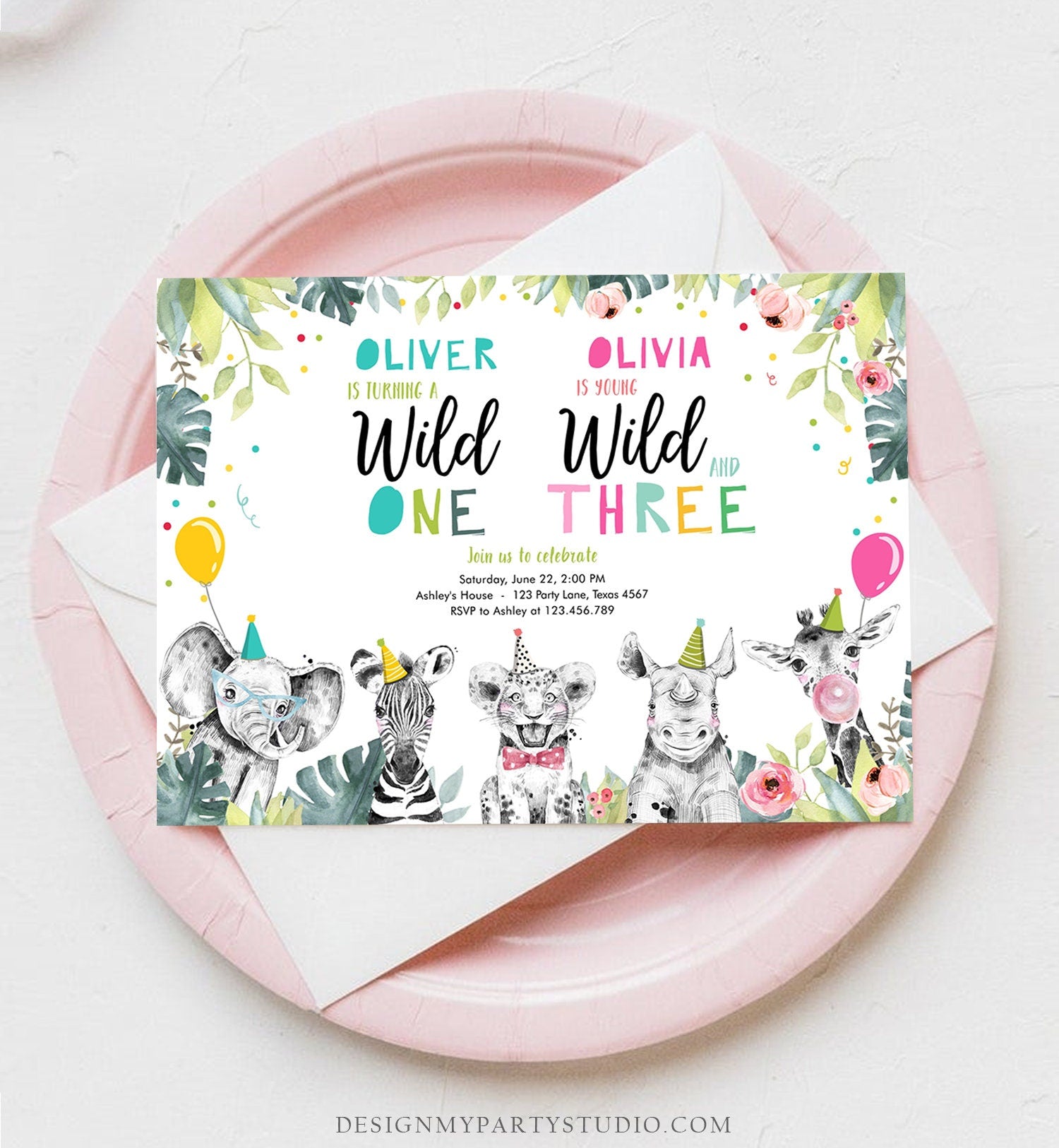 Editable Wild One Young Wild and Three Birthday Invitation Party Animals Boy Girl First Third 1st 3rd Safari Joint Digital Template 0322