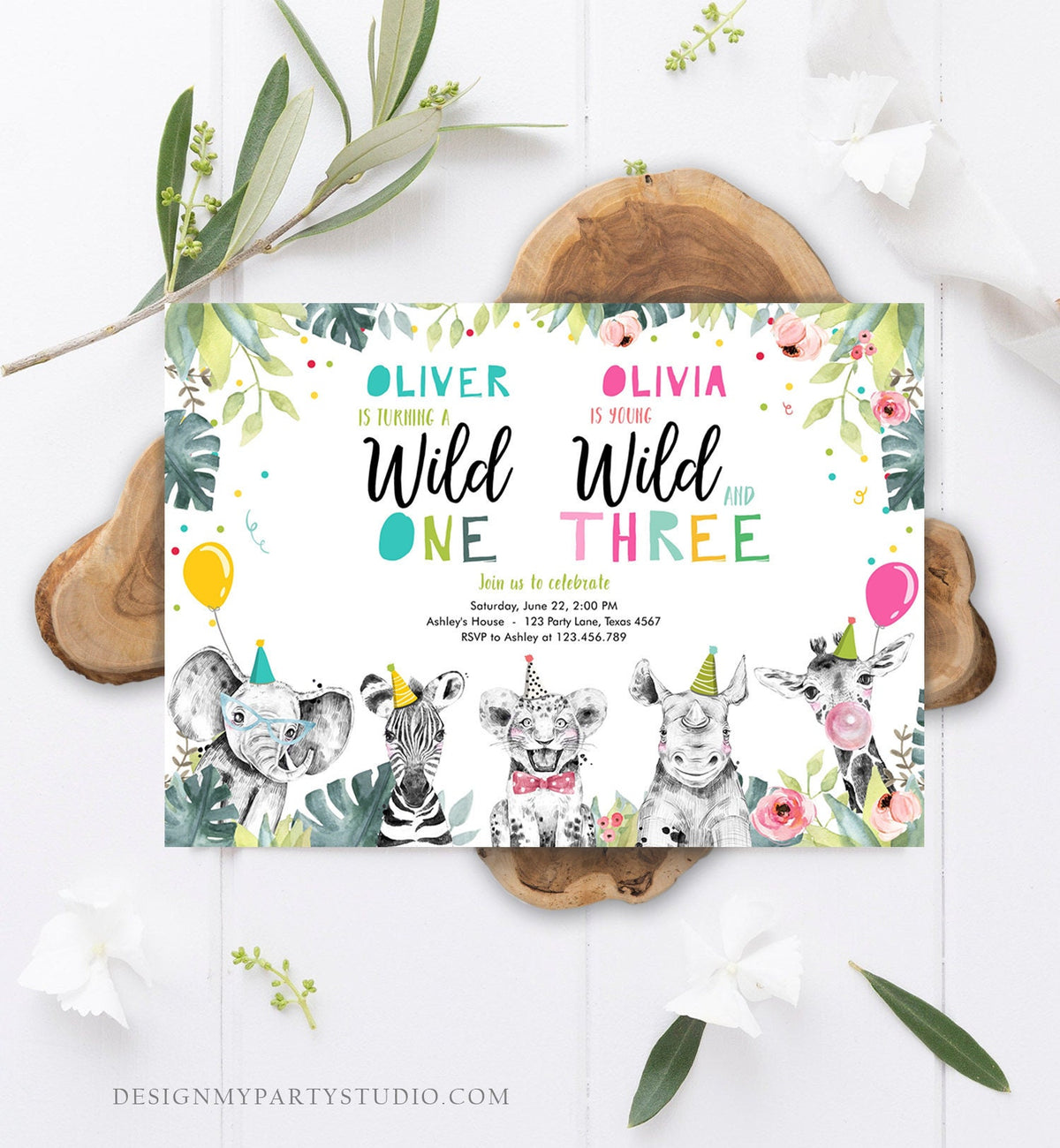 Editable Wild One Young Wild and Three Birthday Invitation Party Animals Boy Girl First Third 1st 3rd Safari Joint Digital Template 0322