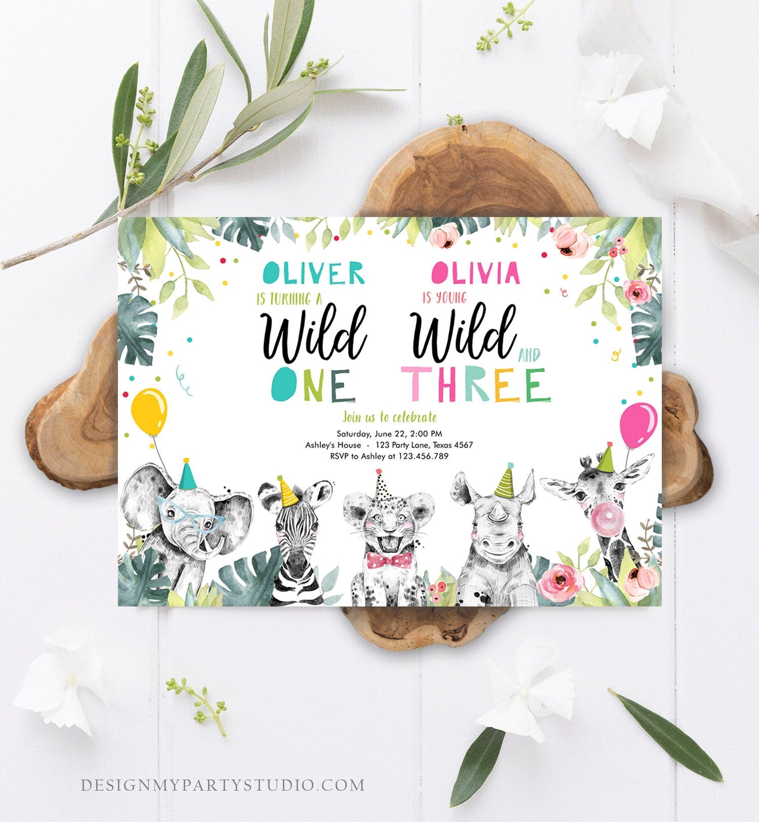 Editable Wild One Young Wild and Three Birthday Invitation Party Animals Boy Girl First Third 1st 3rd Safari Joint Digital Template 0322