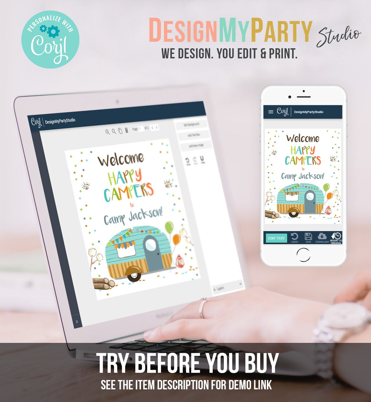 Editable Happy Camper Welcome Sign Camp Birthday Party Boy Smores Bear Camping Glamping Outdoor Fishing Digital Template Printable 0342