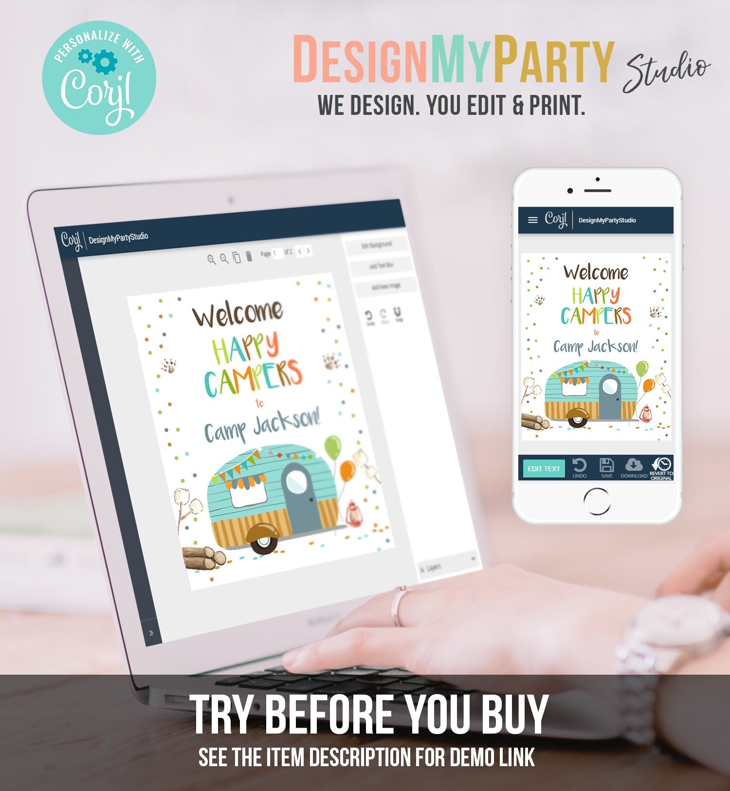 Editable Happy Camper Welcome Sign Camp Birthday Party Boy Smores Bear Camping Glamping Outdoor Fishing Digital Template Printable 0342