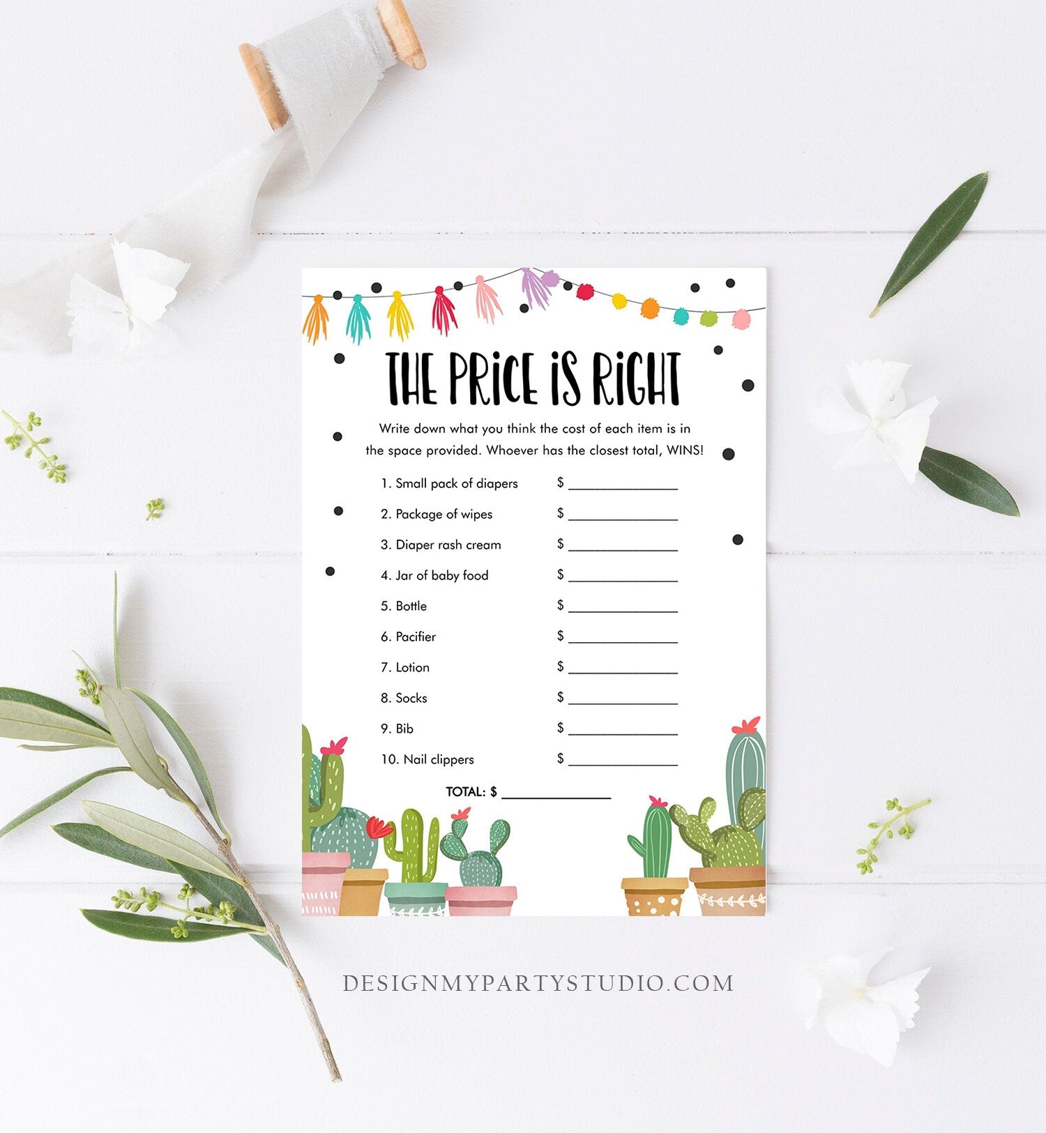 Editable The Price is Right Game Fiesta Baby Shower Cactus Mexican Shower Game Baby Coed Sprinkle Download Corjl Template Printable 0254