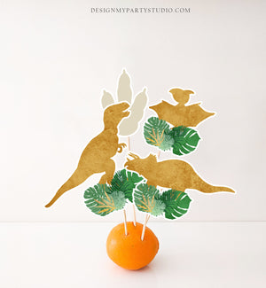Printable Dinosaur Centerpieces Safari Leaves Gold Boy Birthday Party Jungle Cake Topper Table Decor Wild One Decorations DIY Digital 0146