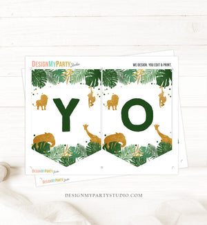 Young Wild and Three Birthday Banner Safari Animals Green Gold Third Birthday 3rd Boy Party Animals Decorations Download Printable 0016