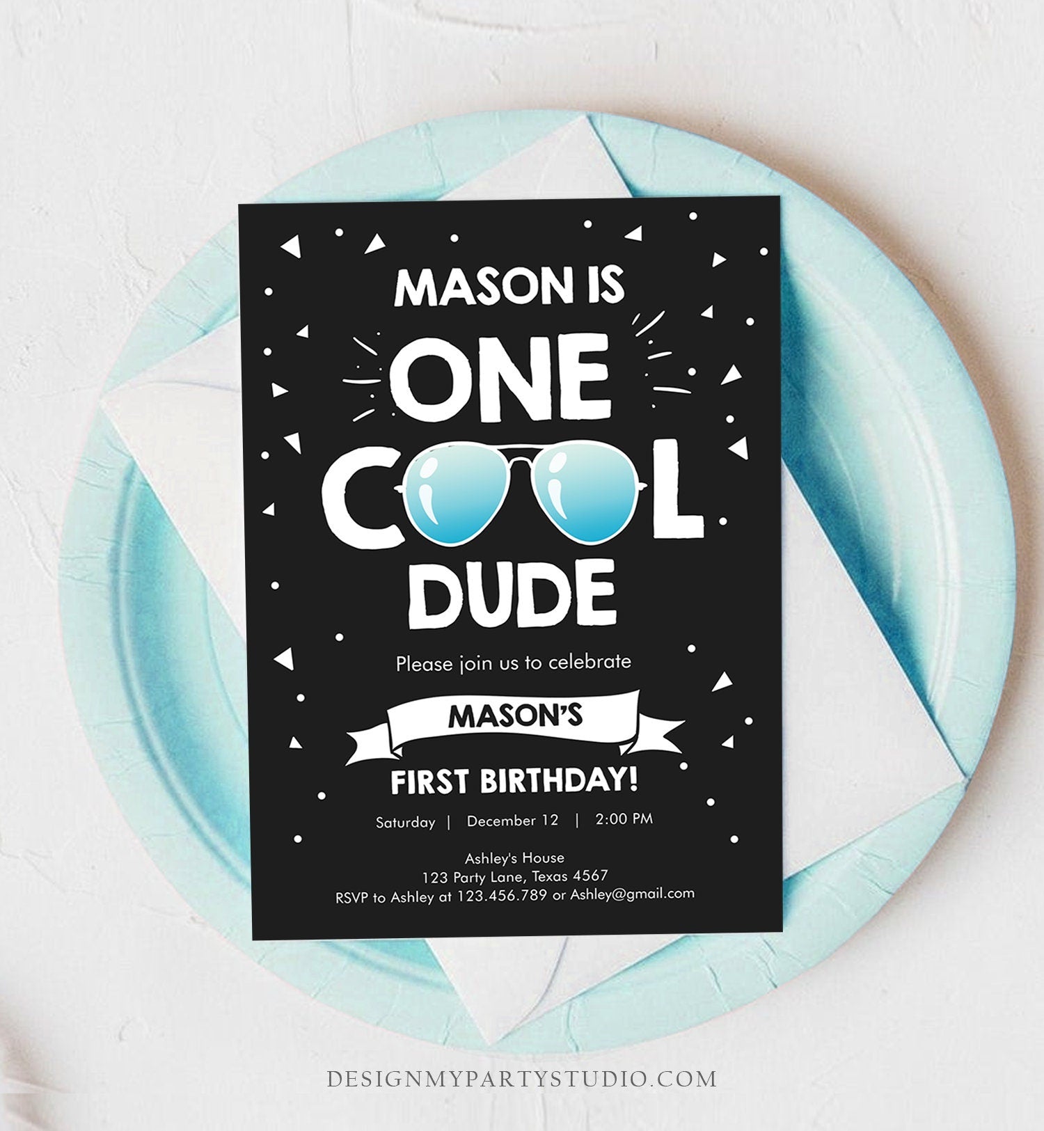 Editable One Cool Dude 1st Birthday Invitation Boy First Birthday Party Sunglasses Pilot Pool Cool One Printable Corjl Template 0136