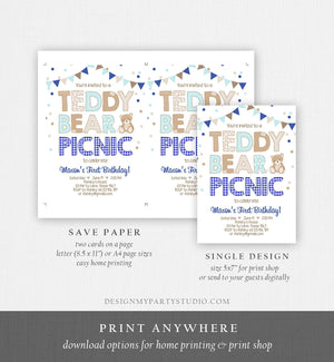 Editable Teddy Bear Picnic Birthday Invitation Boy Navy Blue Gingham Bear Picnic Outdoor First Birthday Digital Corjl Template 0100
